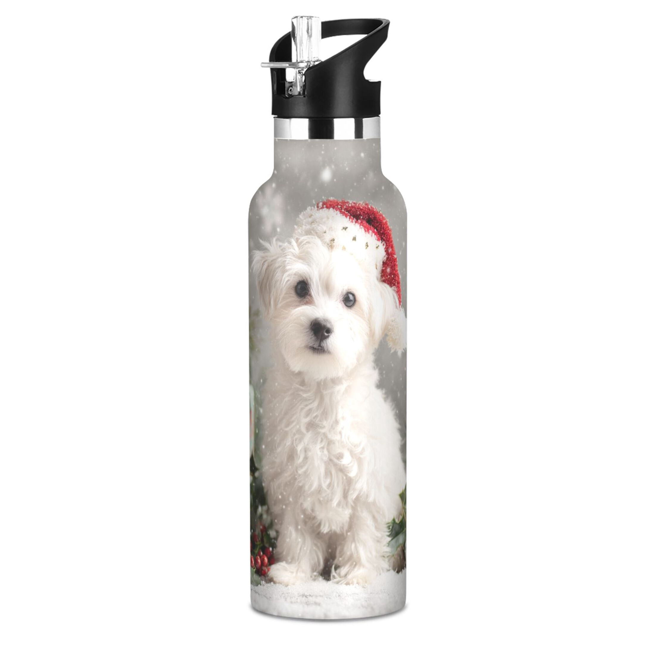 600ML Stainless Steel Insulated Cup Sports Water Bottle Portable Thermos Cup Water Glasses Insulated Tumblers Convenient and Durable Warm Christmas White Dog