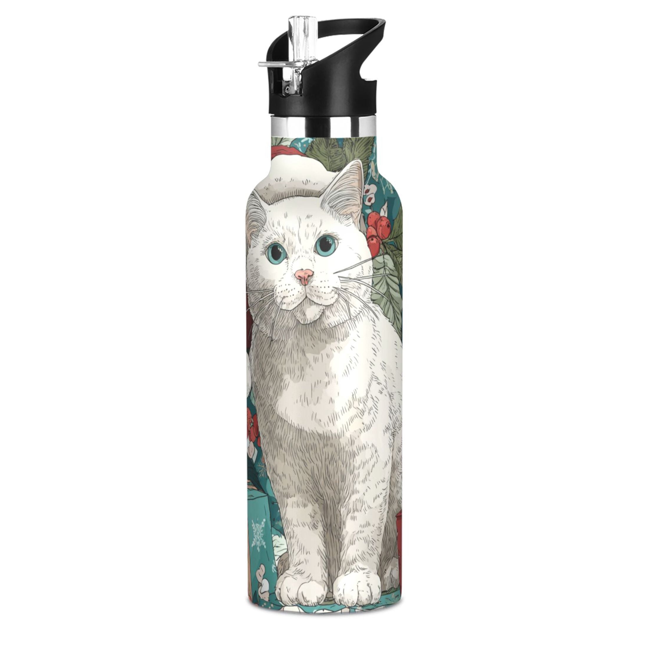 600ML Stainless Steel Insulated Cup Sports Water Bottle Portable Thermos Cup Water Glasses Insulated Tumblers Convenient and Durable Warm Christmas White Cat