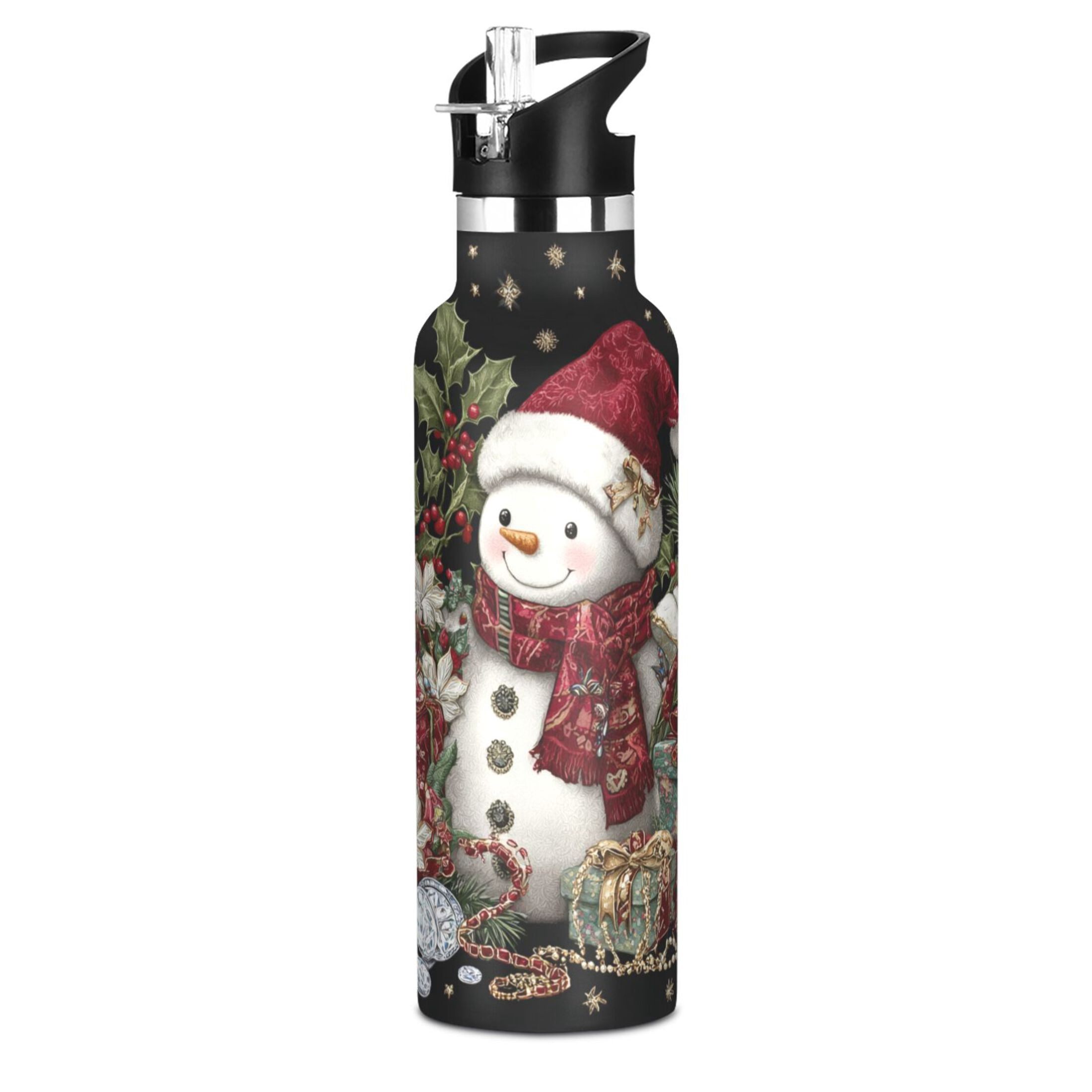 600ML Stainless Steel Insulated Cup Sports Water Bottle Portable Thermos Cup Water Glasses Insulated Tumblers Convenient and Durable Warm Cute Christmas Snowman