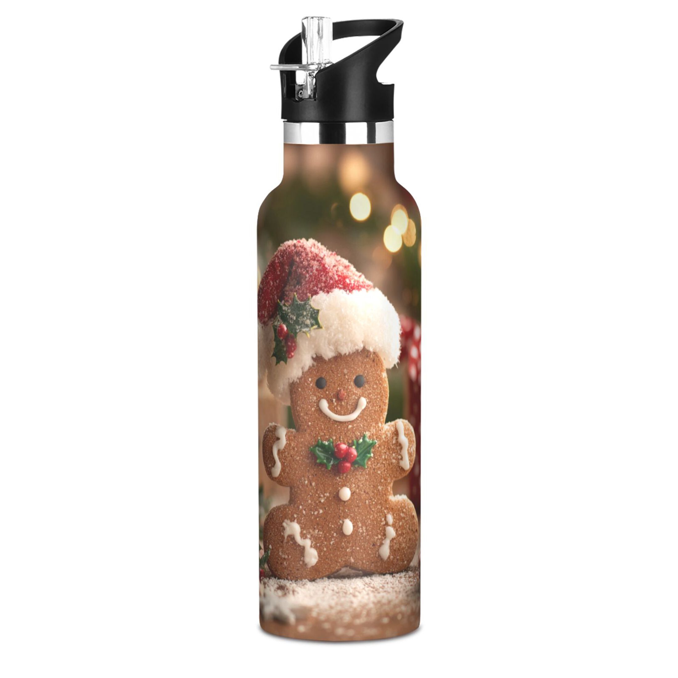 600ML Stainless Steel Insulated Cup Sports Water Bottle Portable Thermos Cup Water Glasses Insulated Tumblers Convenient and Durable Warm Cute Gingerbread Man