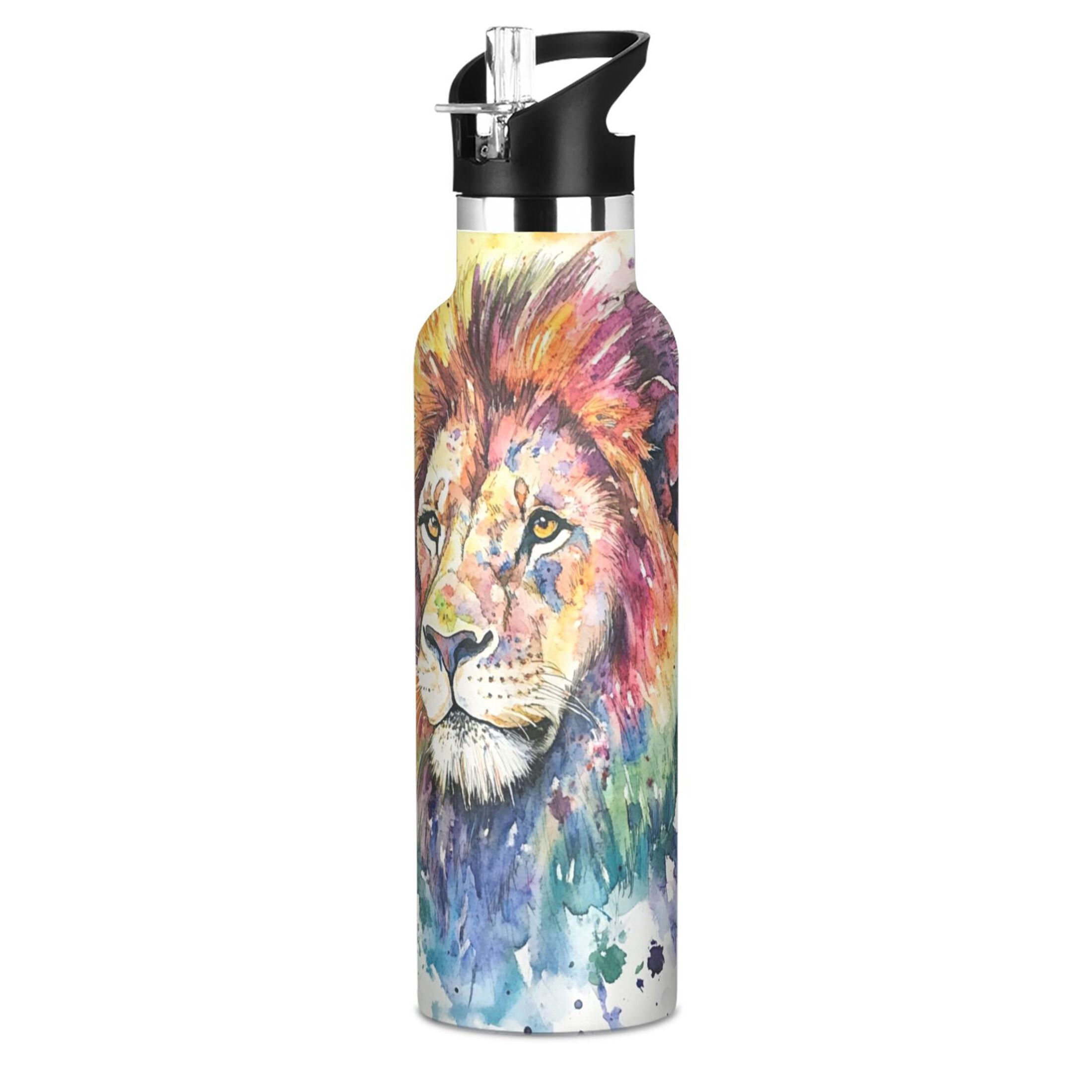 600ML Stainless Steel Insulated Cup Sports Water Bottle Portable Thermos Cup Water Glasses Insulated Tumblers Convenient and Durable Watercolor Beautiful Lion