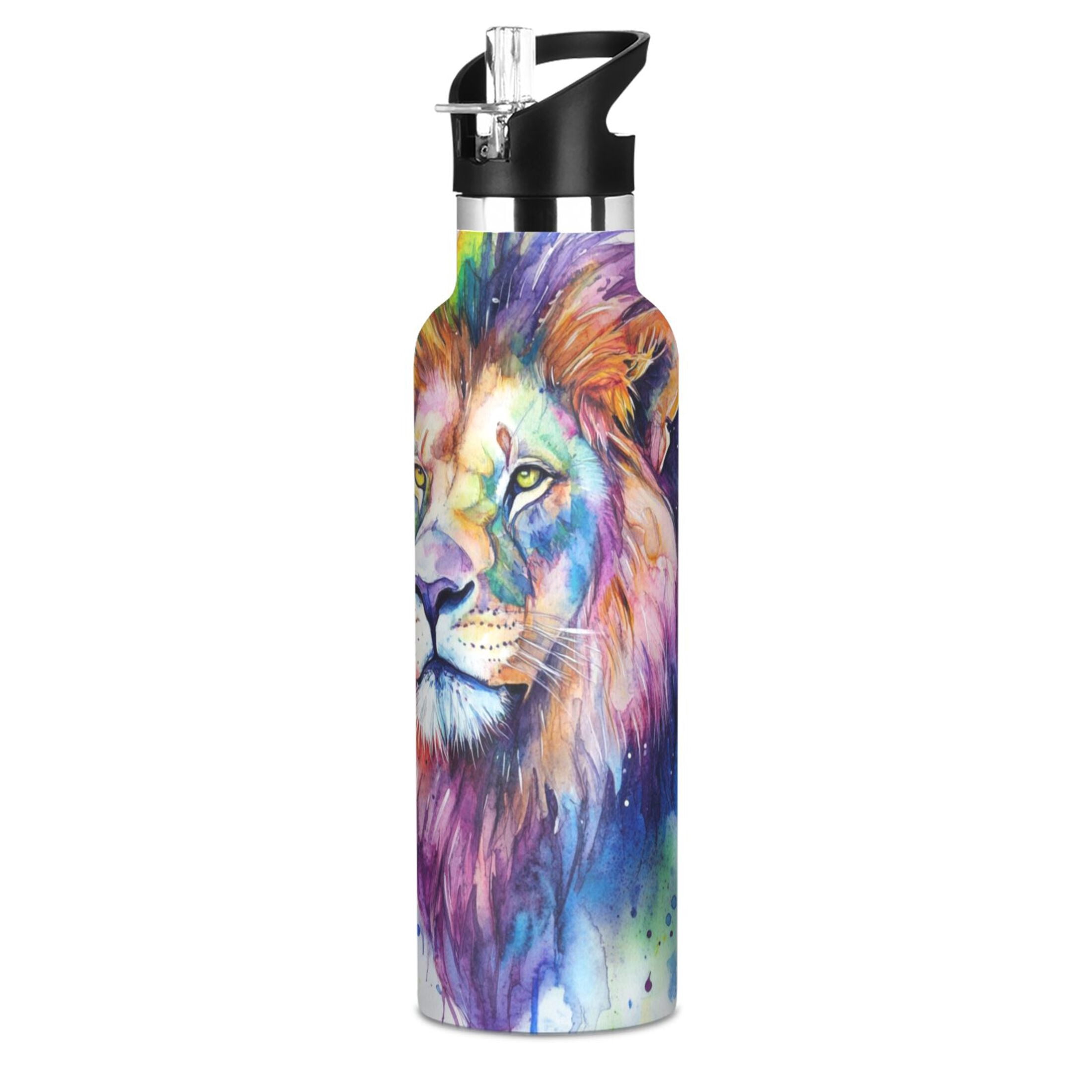 600ML Stainless Steel Insulated Cup Sports Water Bottle Portable Thermos Cup Water Glasses Insulated Tumblers Convenient and Durable Watercolor Cartoon Lion