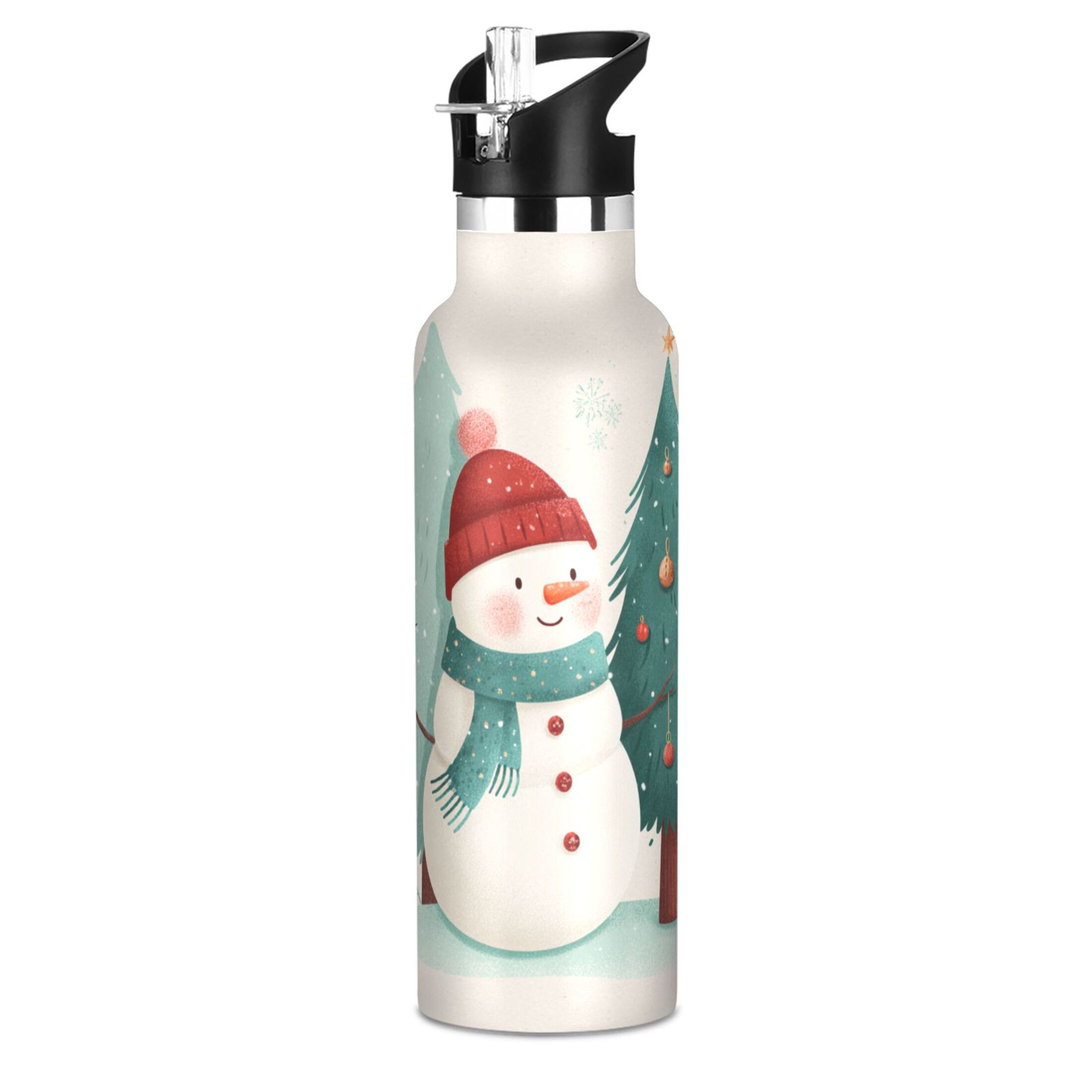 600ML Stainless Steel Insulated Cup Sports Water Bottle Portable Thermos Cup Water Glasses Insulated Tumblers Convenient and Durable Watercolor Christmas Snowman