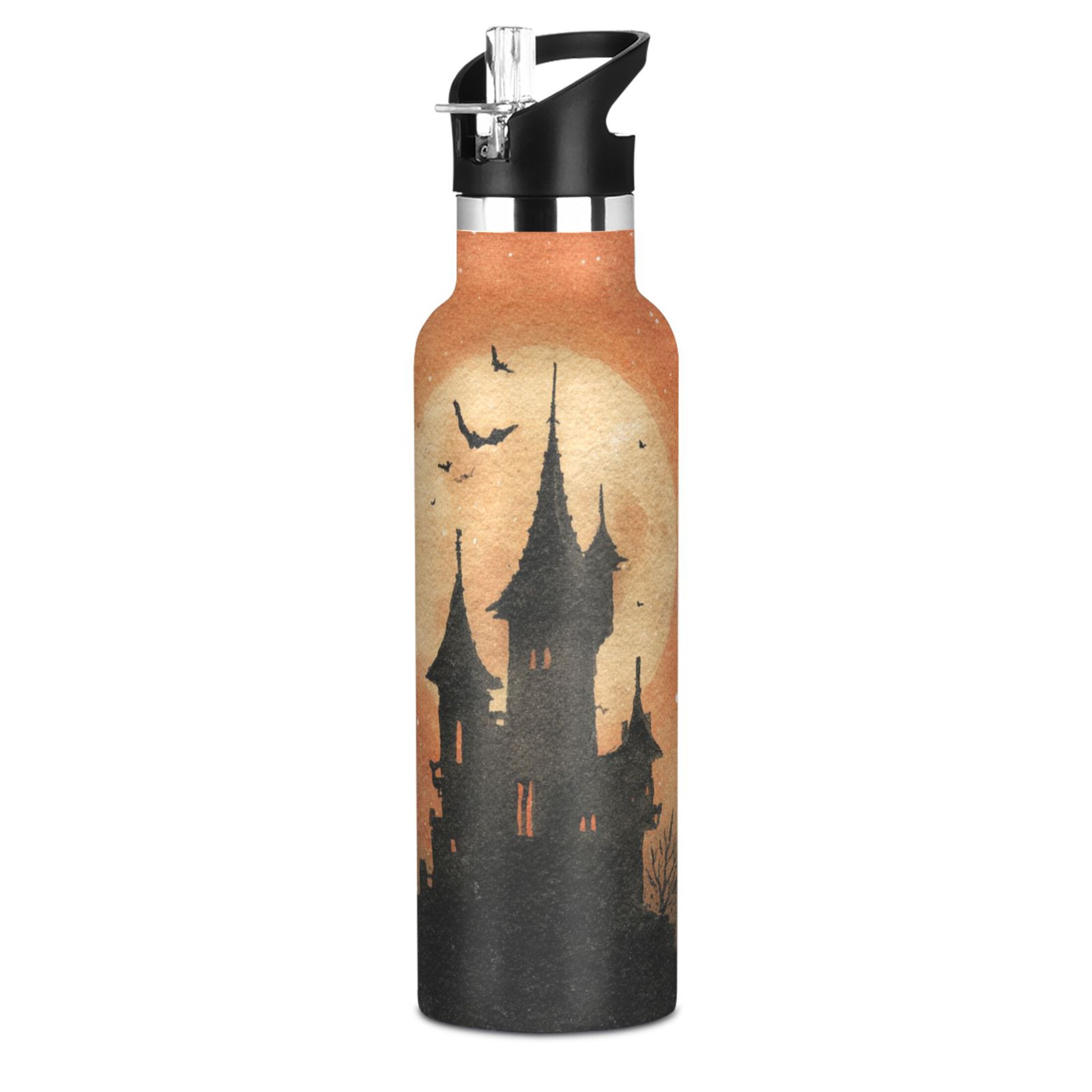 600ML Stainless Steel Insulated Cup Sports Water Bottle Portable Thermos Cup Water Glasses Insulated Tumblers Convenient and Durable Watercolor Halloween Castle