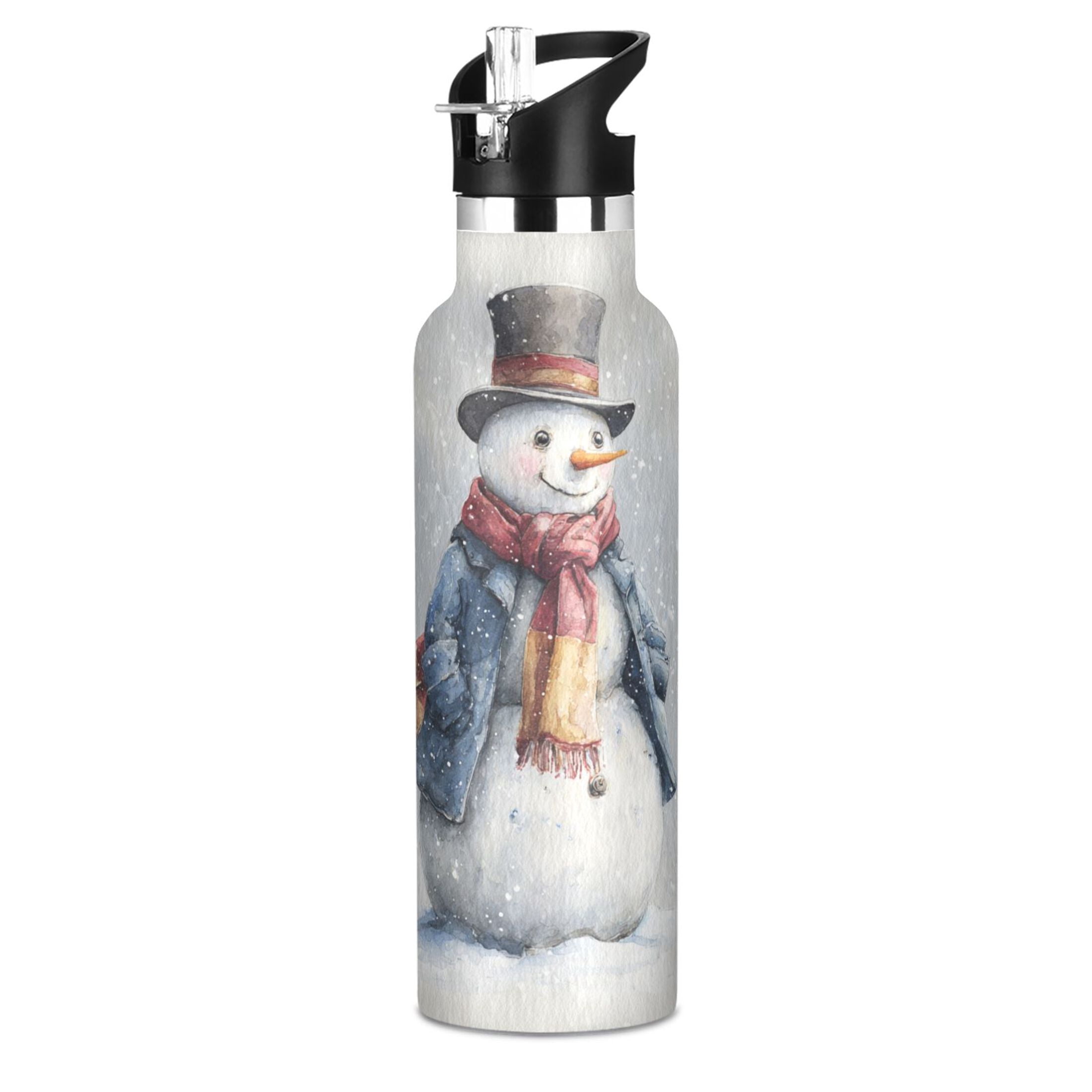 600ML Stainless Steel Insulated Cup Sports Water Bottle Portable Thermos Cup Water Glasses Insulated Tumblers Convenient and Durable Watercolor Snowman