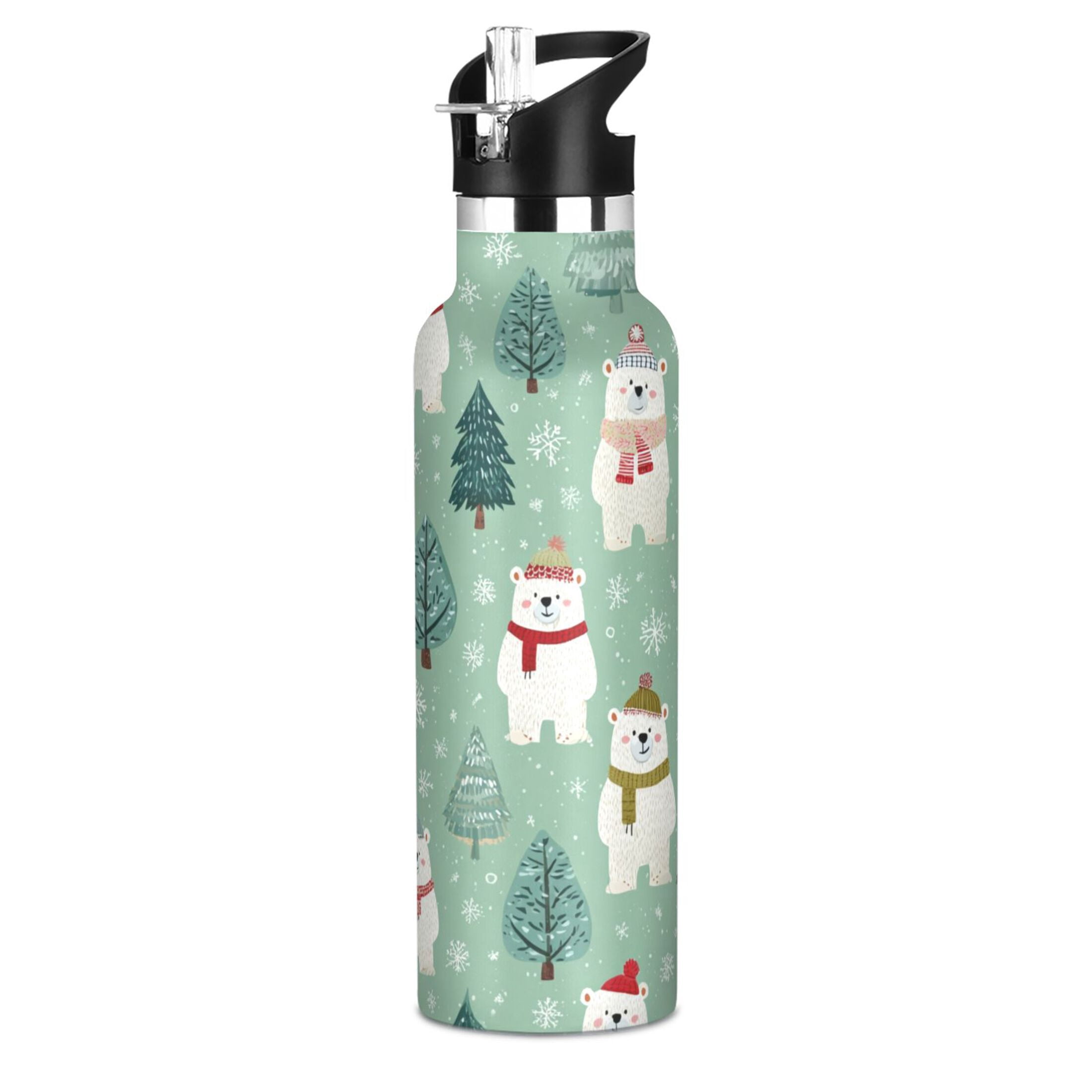 600ML Stainless Steel Insulated Cup Sports Water Bottle Portable Thermos Cup Water Glasses Insulated Tumblers Convenient and Durable White Christmas Bear Pattern