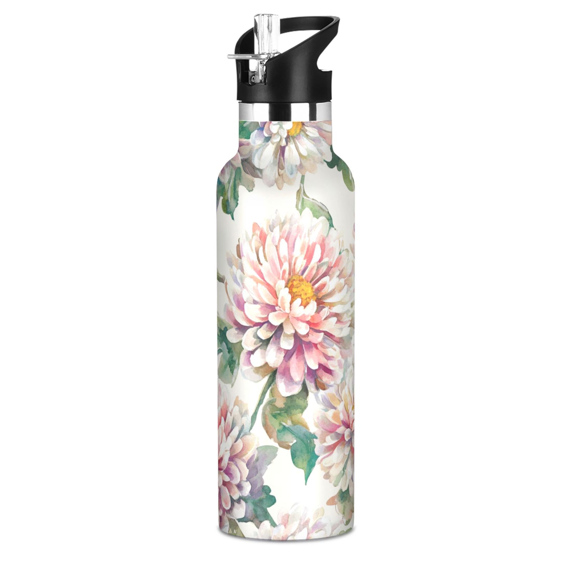600ML Stainless Steel Insulated Cup Sports Water Bottle Portable Thermos Cup Water Glasses Insulated Tumblers Convenient and Durable White Chrysanthemums