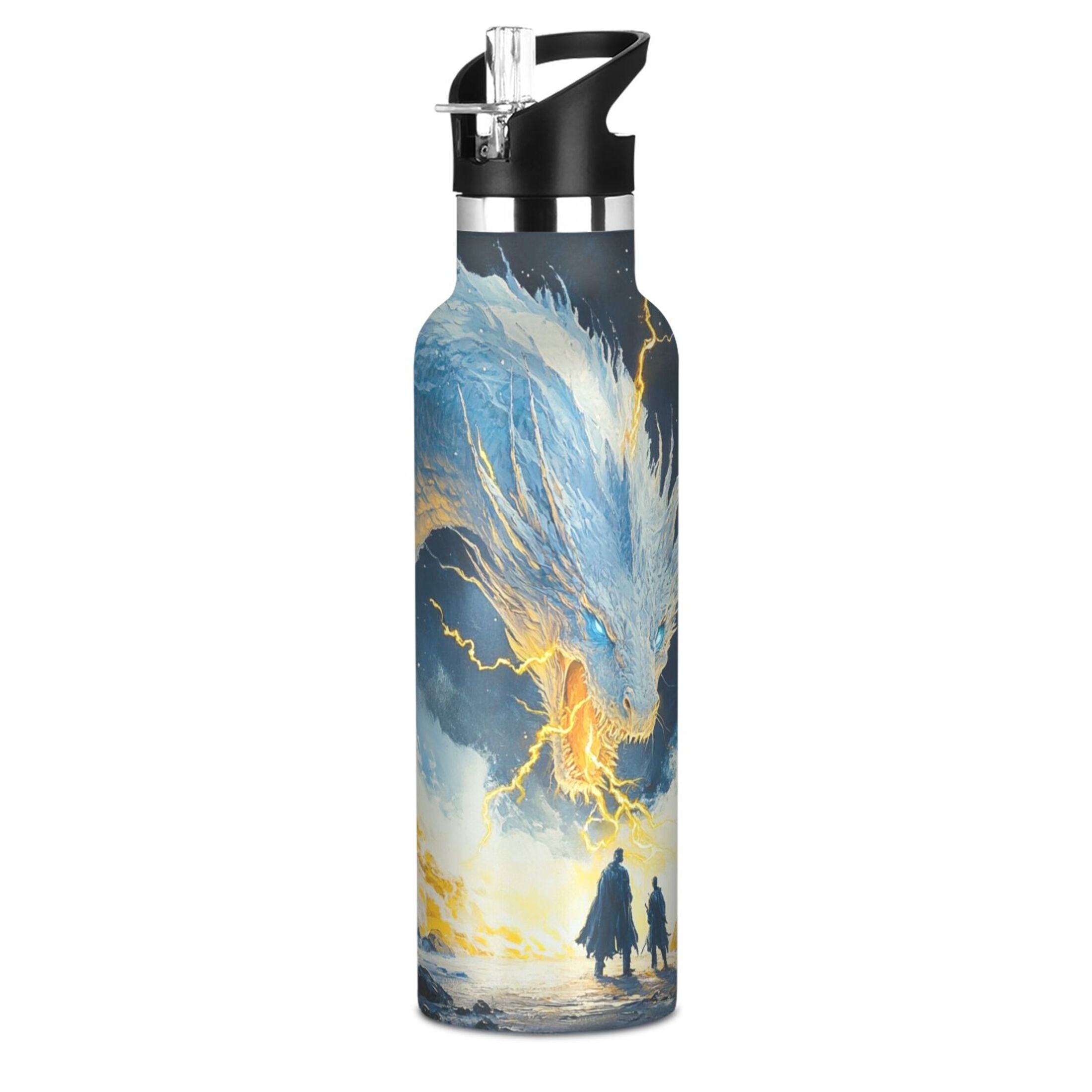 600ML Stainless Steel Insulated Cup Sports Water Bottle Portable Thermos Cup Water Glasses Insulated Tumblers Convenient and Durable White Lightning Dragon