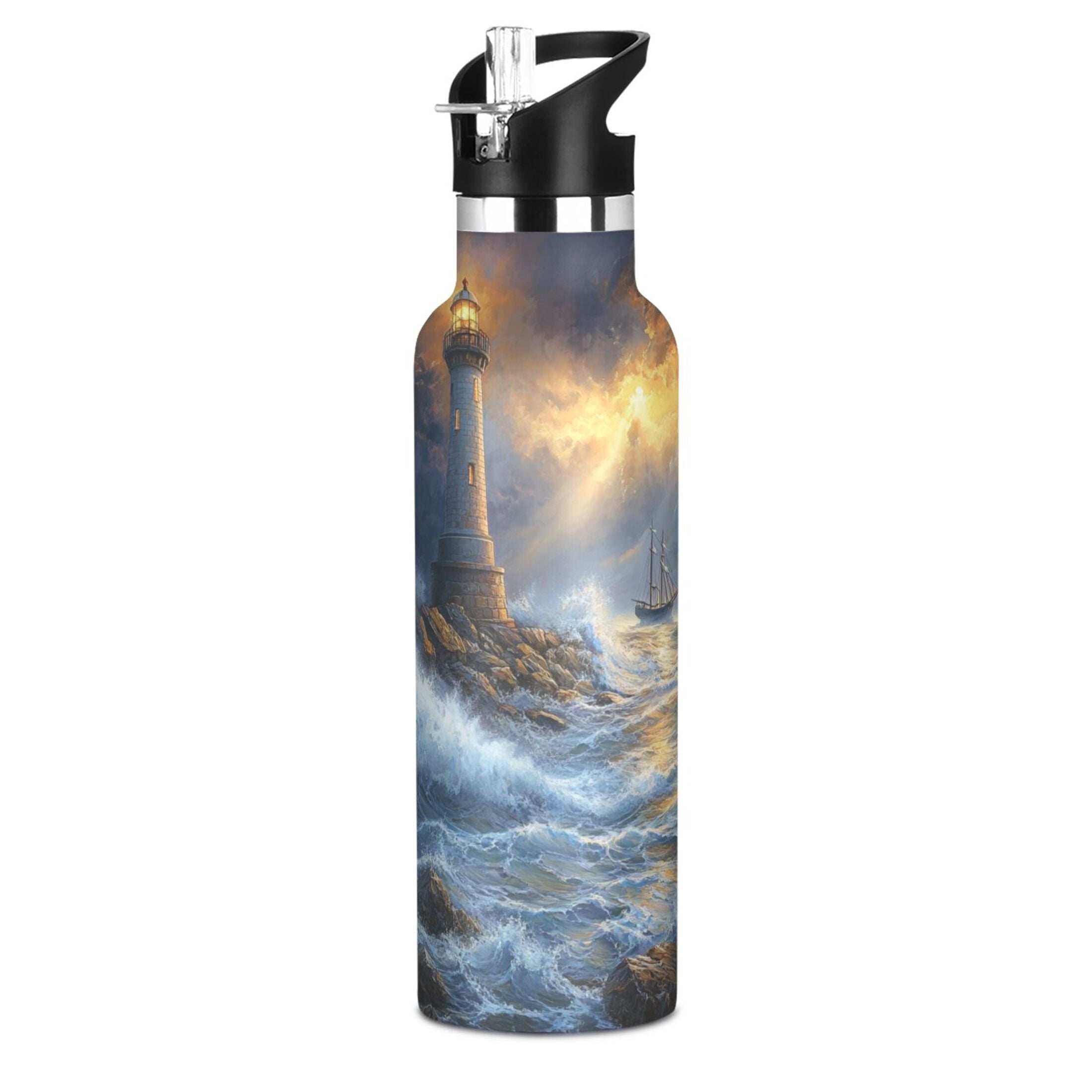 600ML Stainless Steel Insulated Cup Sports Water Bottle Portable Thermos Cup Water Glasses Insulated Tumblers Convenient and Durable Wind and Wave Lighthouse