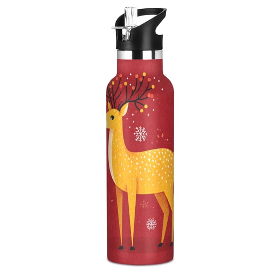 600ML Stainless Steel Insulated Cup Sports Water Bottle Portable Thermos Cup Water Glasses Insulated Tumblers Convenient and Durable Yellow Christmas Deer Beautiful