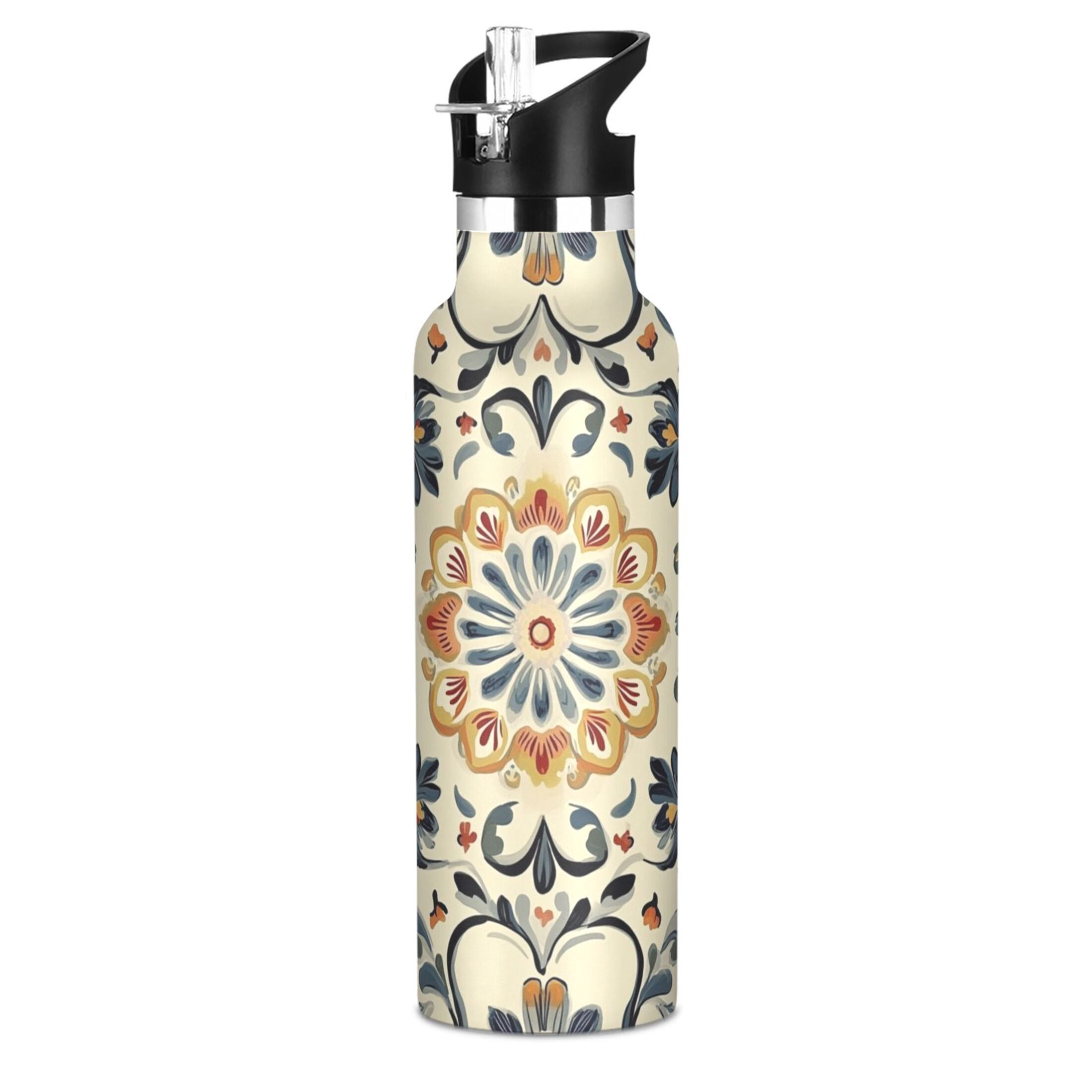 600ML Stainless Steel Insulated Cup Sports Water Bottle Portable Thermos Cup Water Glasses Insulated Tumblers Convenient and Durable Yellow Flower Pattern