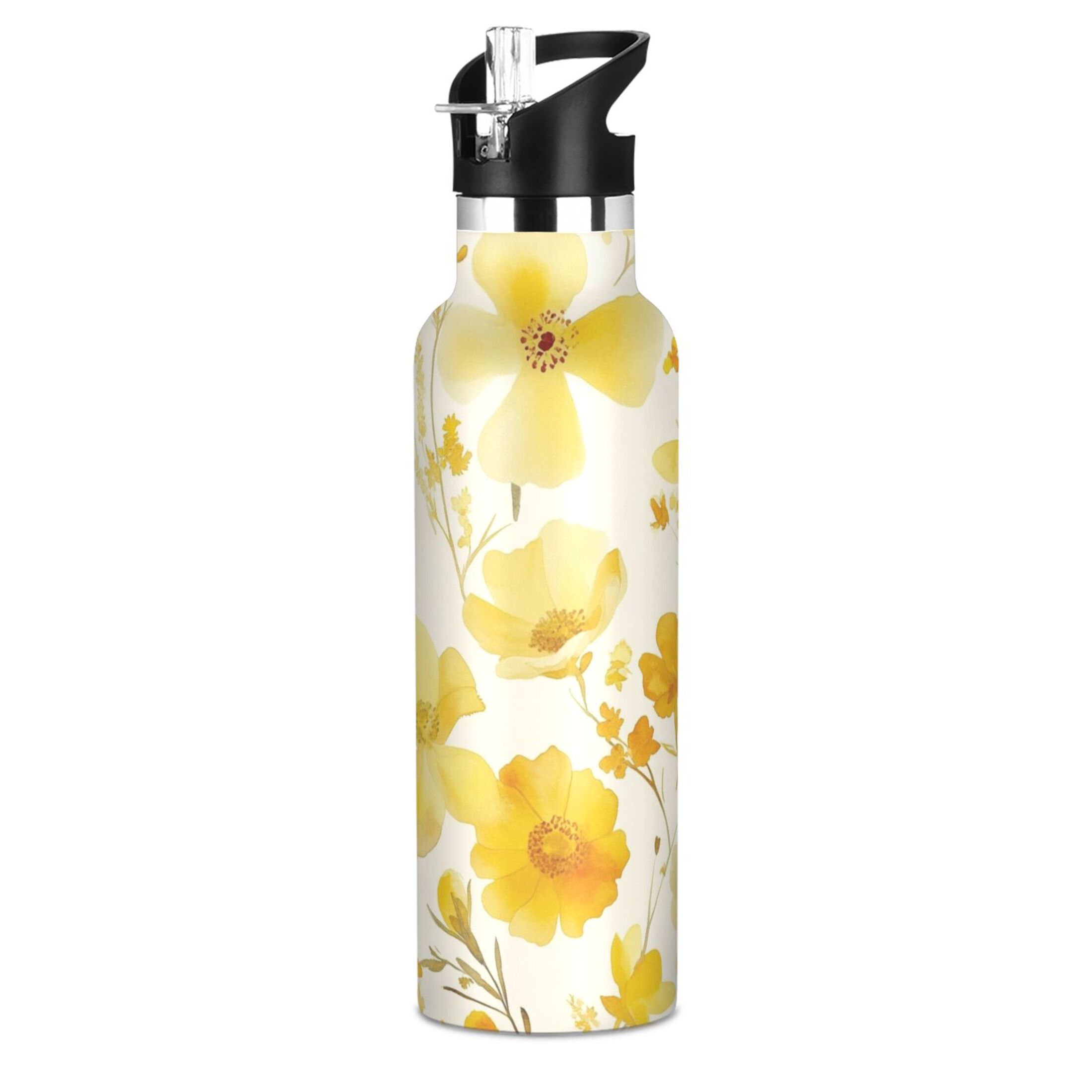 600ML Stainless Steel Insulated Cup Sports Water Bottle Portable Thermos Cup Water Glasses Insulated Tumblers Convenient and Durable Yellow Flowers Seamless