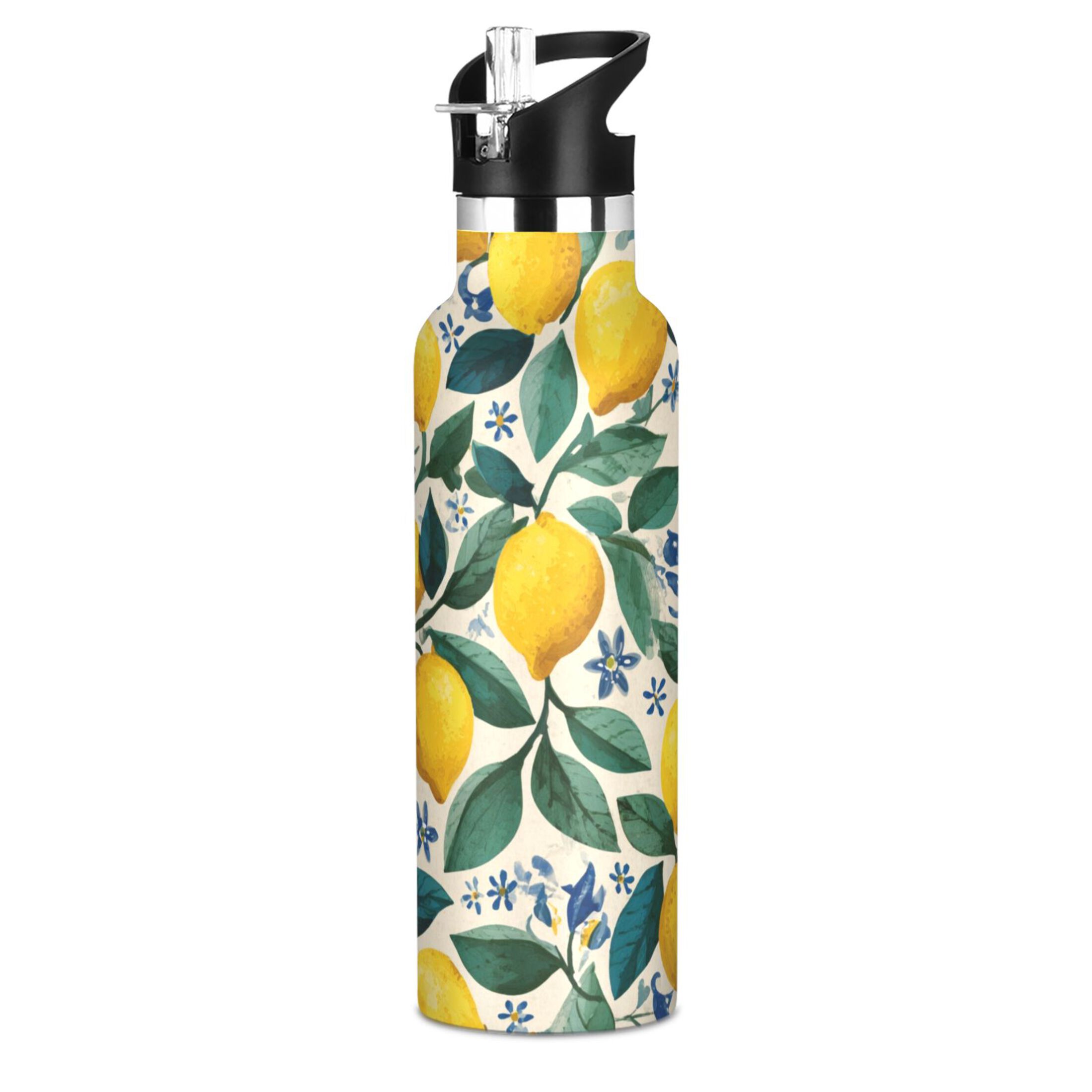 600ML Stainless Steel Insulated Cup Sports Water Bottle Portable Thermos Cup Water Glasses Insulated Tumblers Convenient and Durable Yellow Lemon Seamless