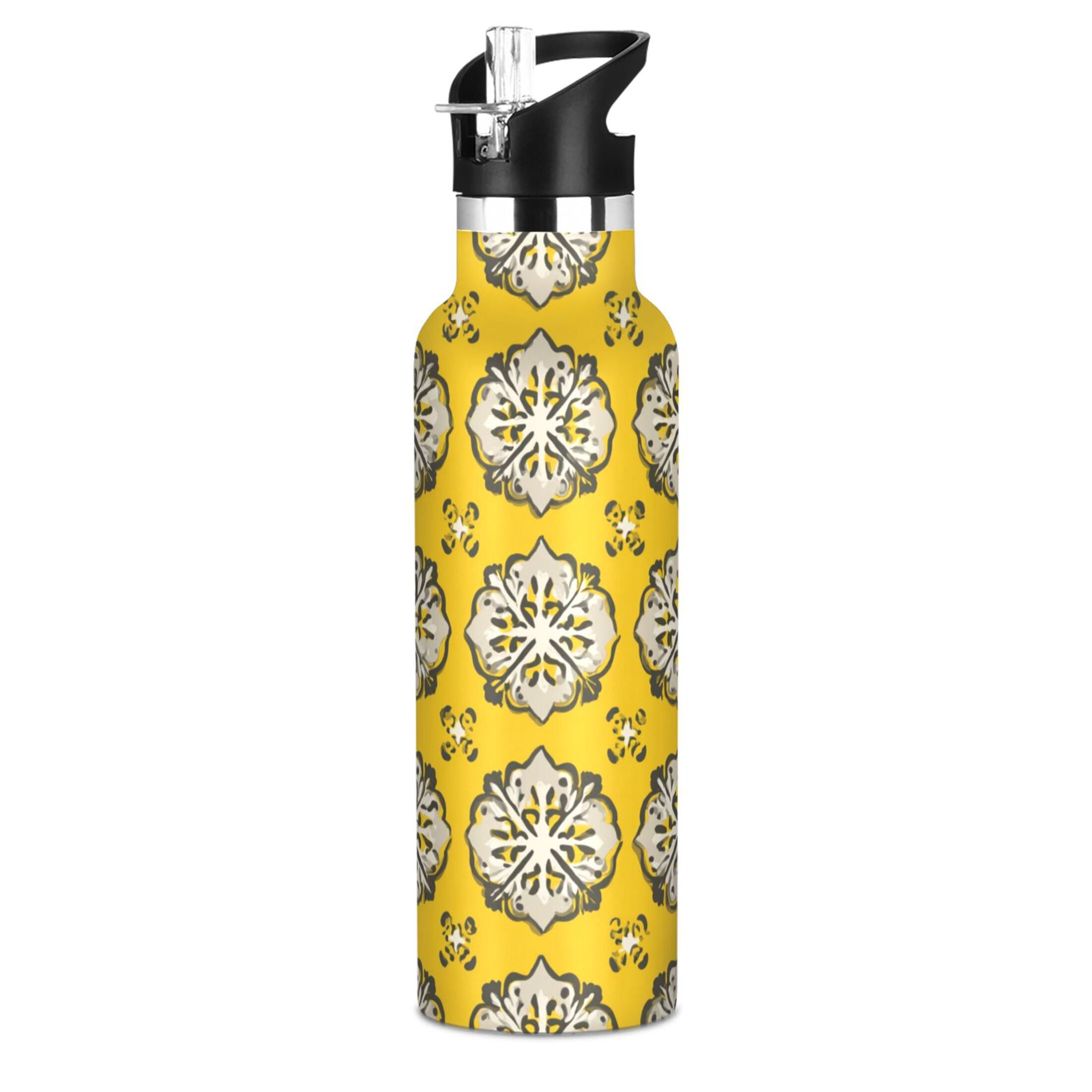 600ML Stainless Steel Insulated Cup Sports Water Bottle Portable Thermos Cup Water Glasses Insulated Tumblers Convenient and Durable Yellow Pattern Seamless