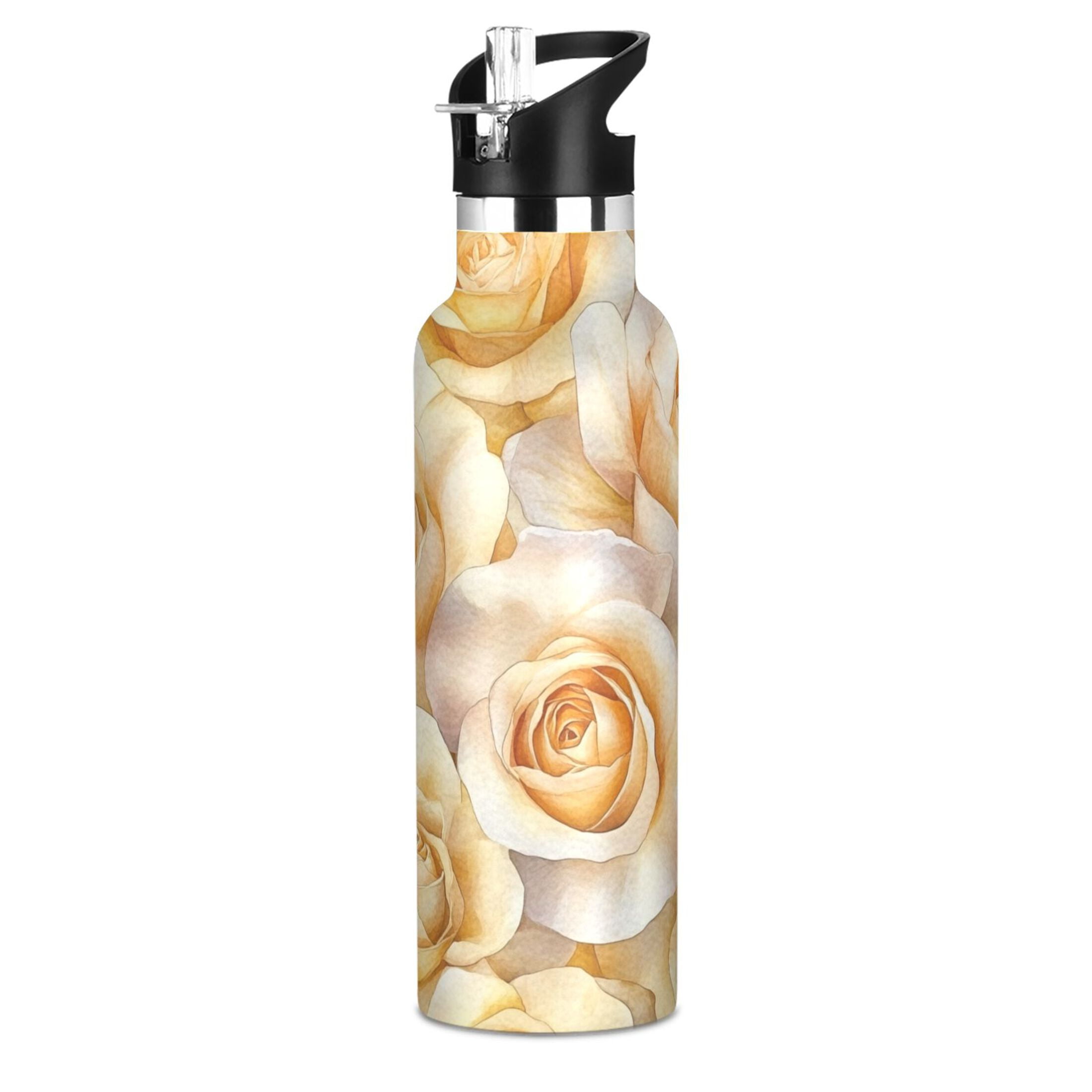 600ML Stainless Steel Insulated Cup Sports Water Bottle Portable Thermos Cup Water Glasses Insulated Tumblers Convenient and Durable Yellow Roses Seamless