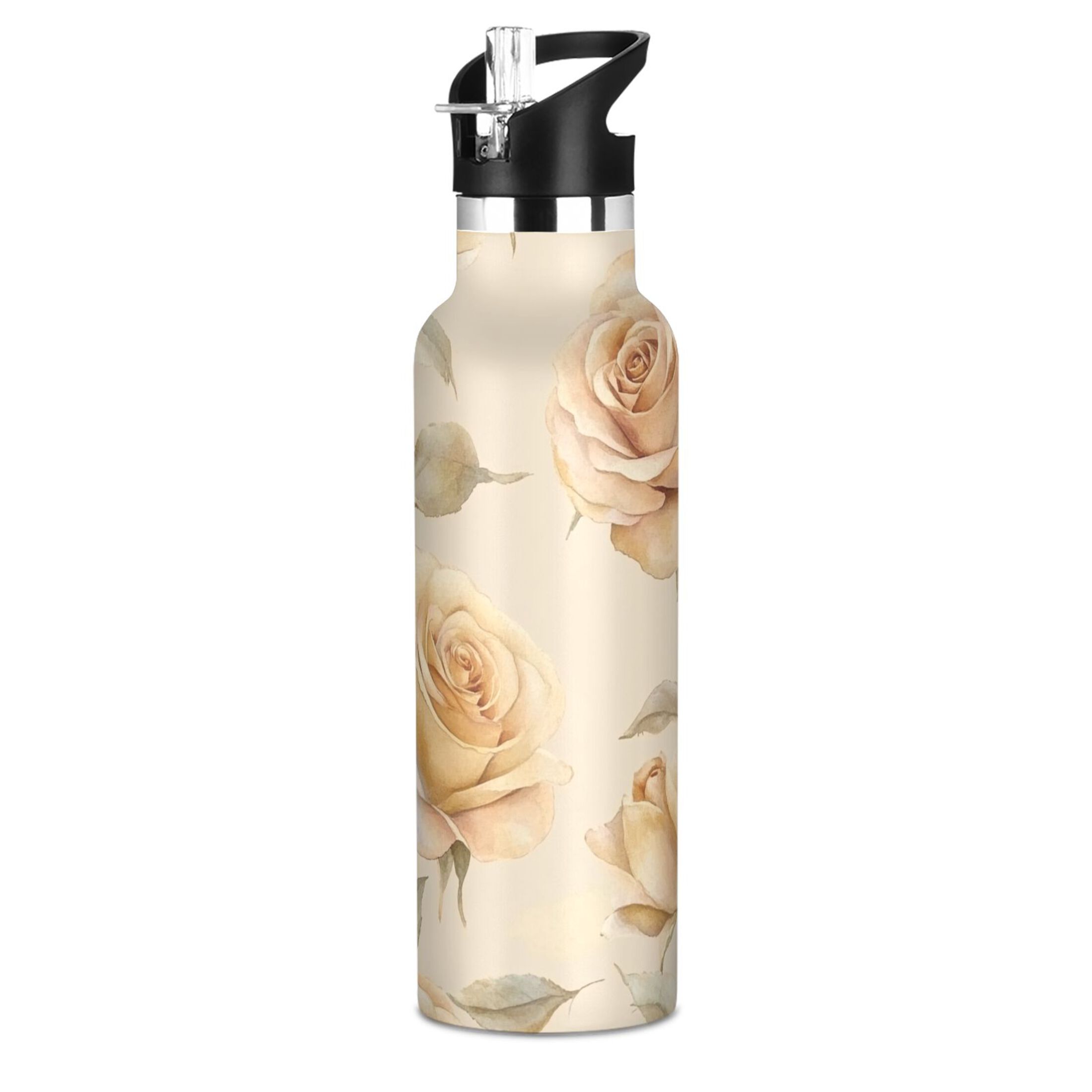 600ML Stainless Steel Insulated Cup Sports Water Bottle Portable Thermos Cup Water Glasses Insulated Tumblers Convenient and Durable Beige Rose