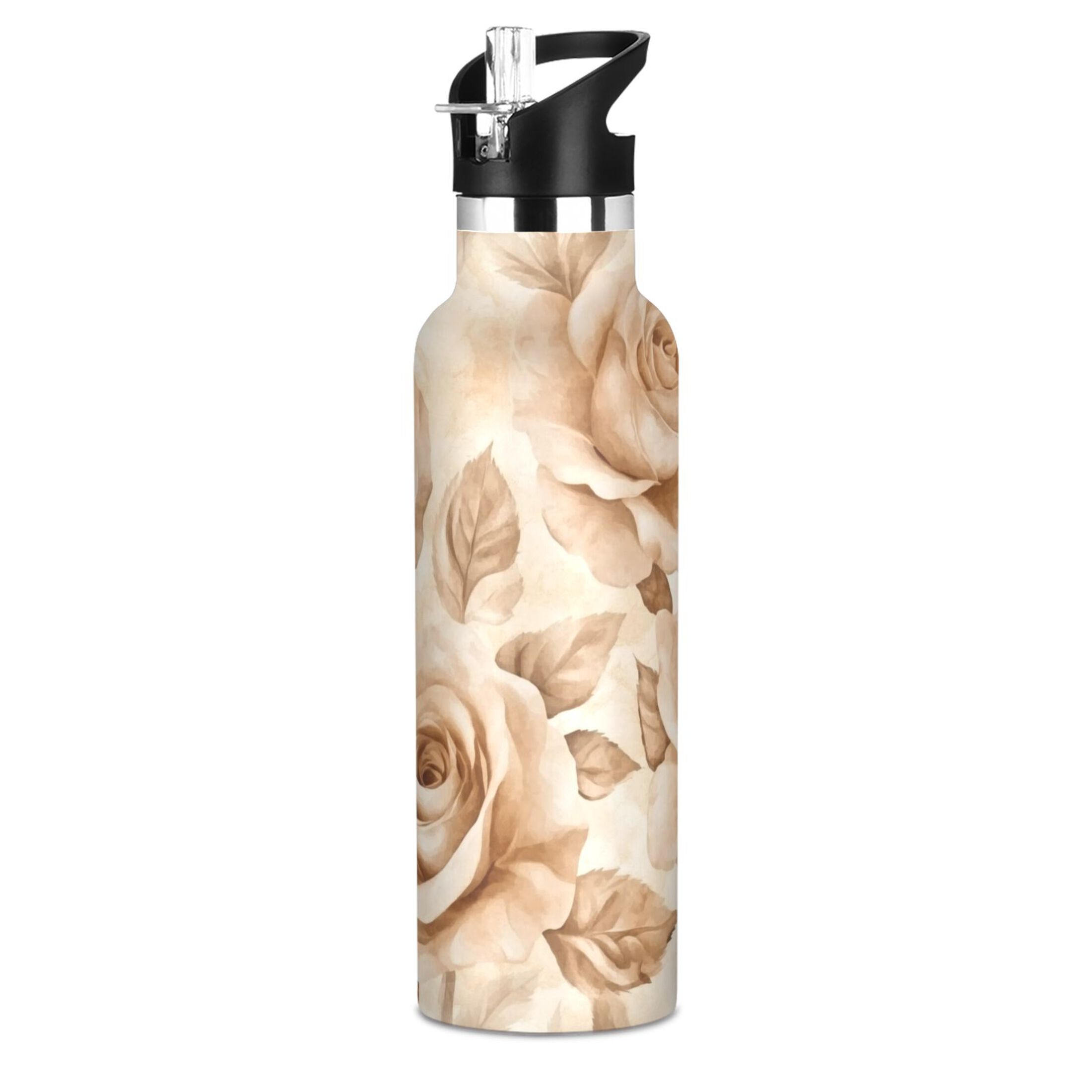 600ML Stainless Steel Insulated Cup Sports Water Bottle Portable Thermos Cup Water Glasses Insulated Tumblers Convenient and Durable Beige Roses