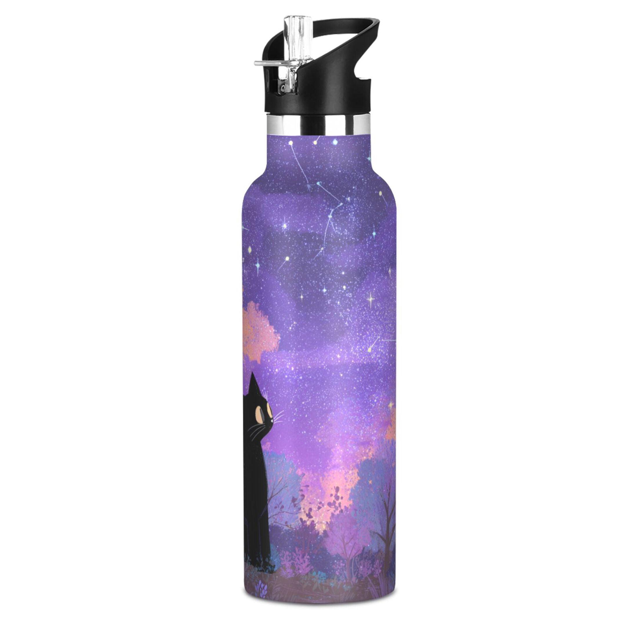 600ML Stainless Steel Insulated Cup Sports Water Bottle Portable Thermos Cup Water Glasses Insulated Tumblers Convenient and Durable Black Cat Cute