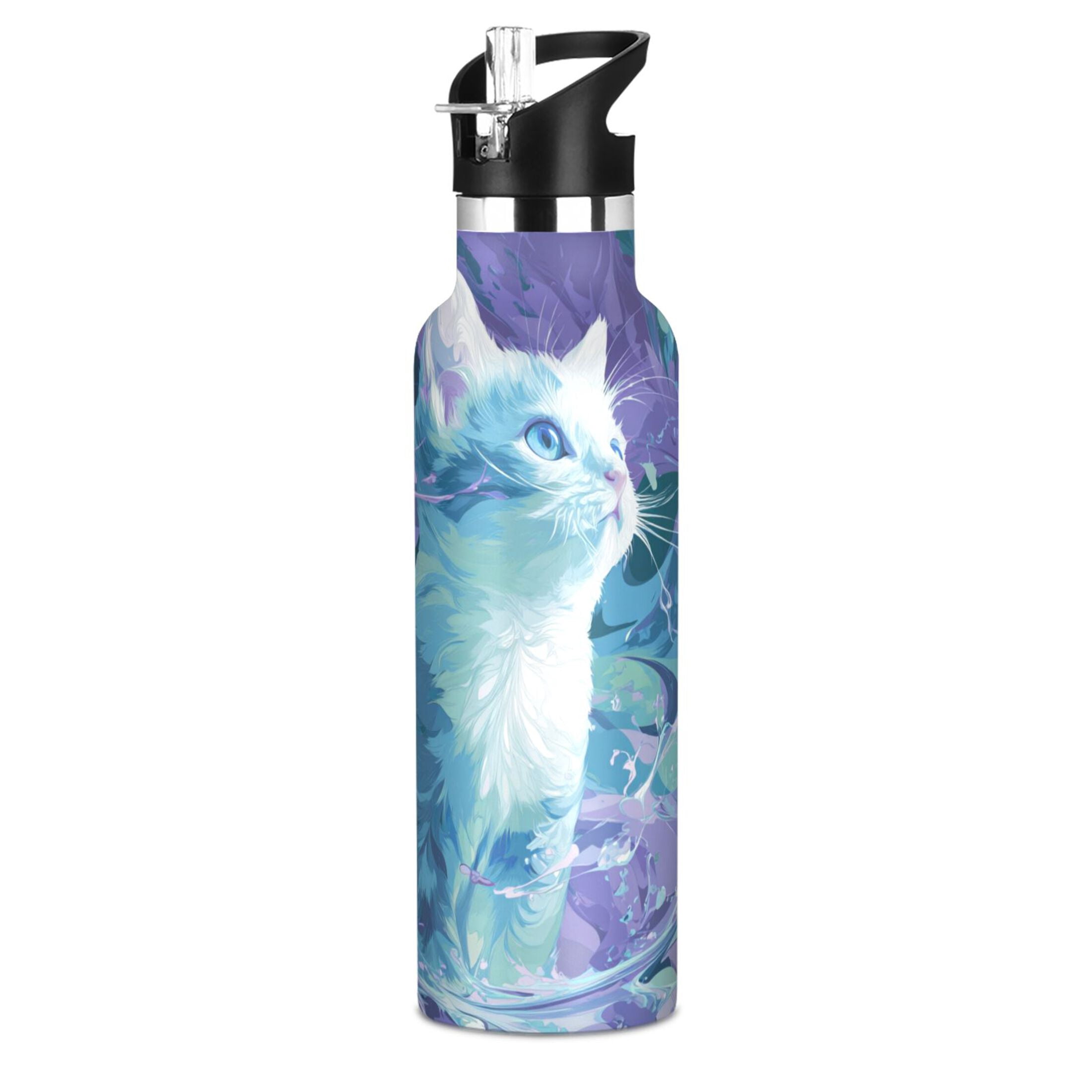 600ML Stainless Steel Insulated Cup Sports Water Bottle Portable Thermos Cup Water Glasses Insulated Tumblers Convenient and Durable Blue Cat