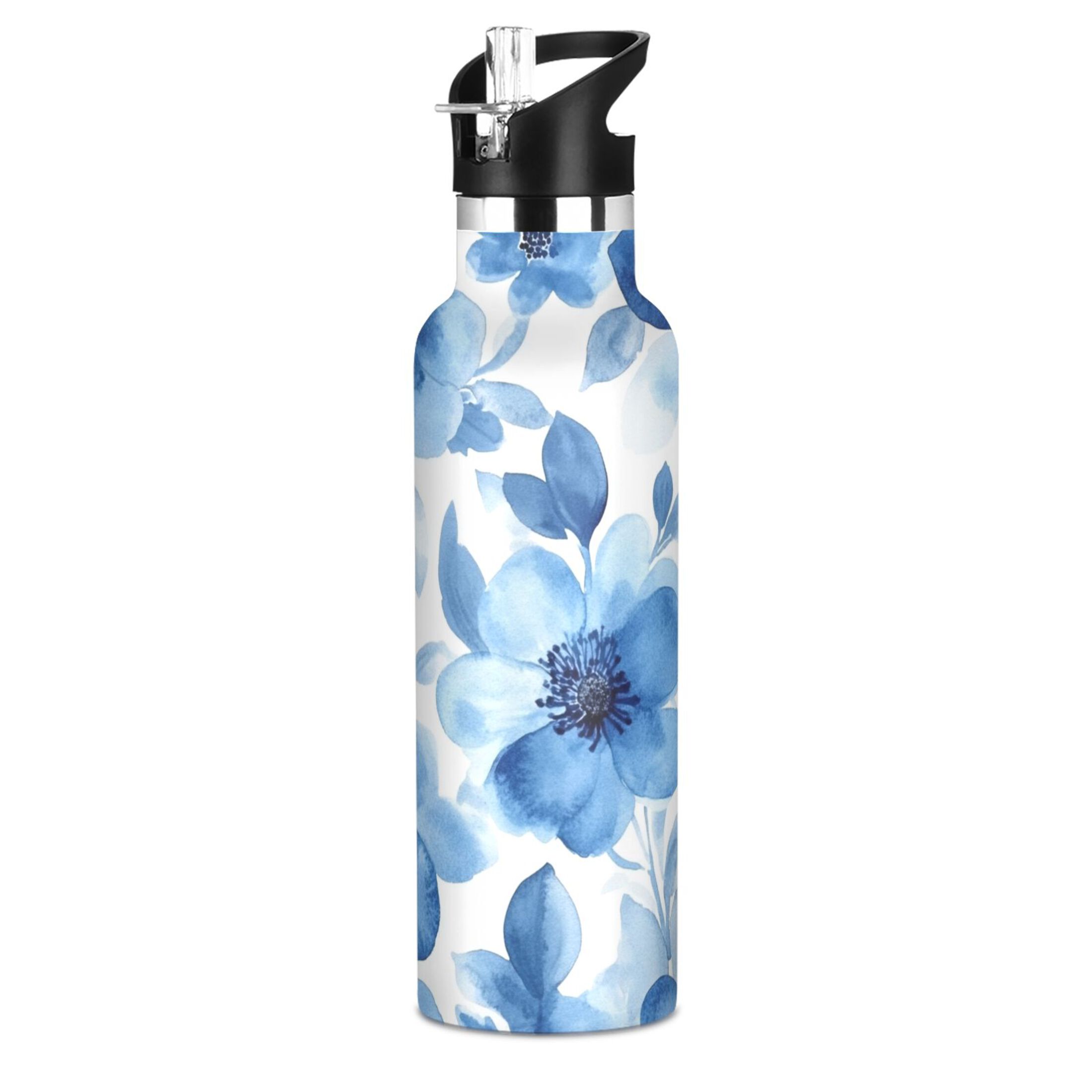600ML Stainless Steel Insulated Cup Sports Water Bottle Portable Thermos Cup Water Glasses Insulated Tumblers Convenient and Durable Blue Flowers