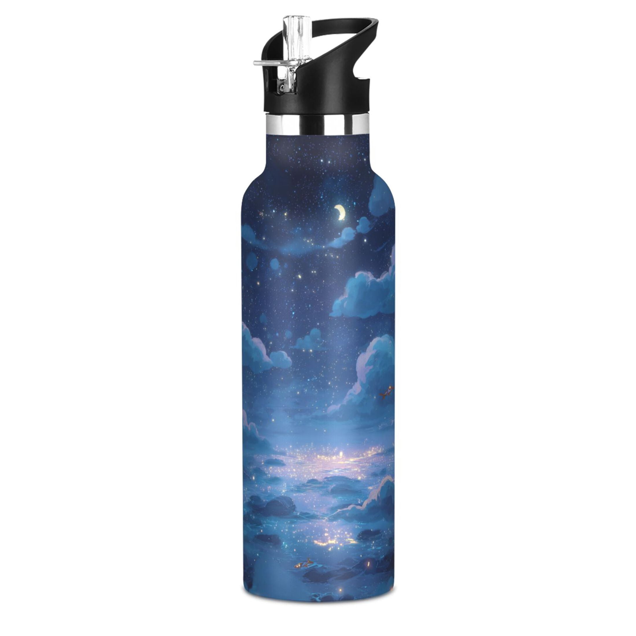 600ML Stainless Steel Insulated Cup Sports Water Bottle Portable Thermos Cup Water Glasses Insulated Tumblers Convenient and Durable Blue Night Sky