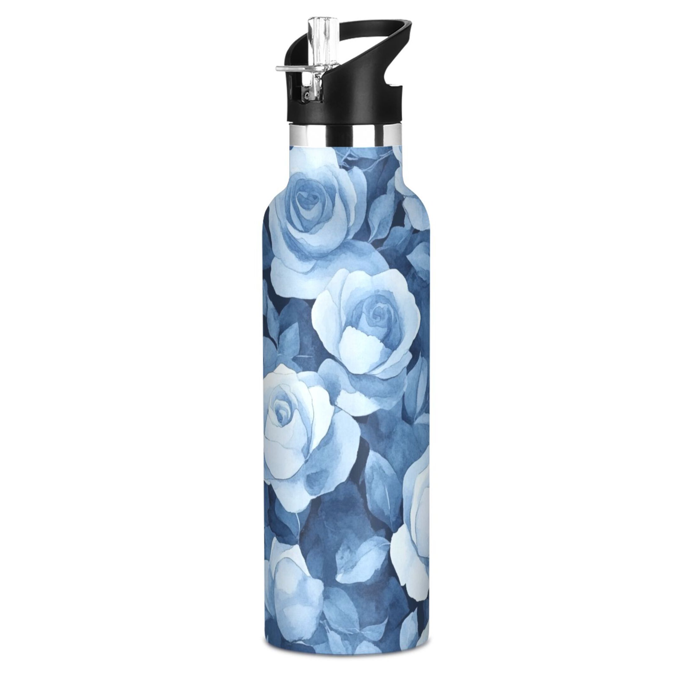 600ML Stainless Steel Insulated Cup Sports Water Bottle Portable Thermos Cup Water Glasses Insulated Tumblers Convenient and Durable Blue Roses