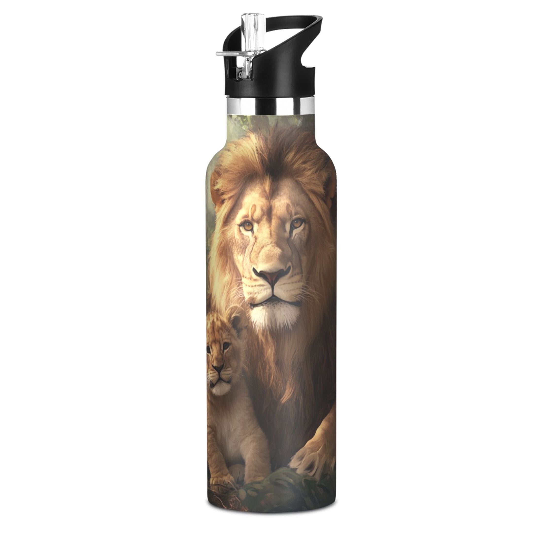 600ML Stainless Steel Insulated Cup Sports Water Bottle Portable Thermos Cup Water Glasses Insulated Tumblers Convenient and Durable Brown Lions