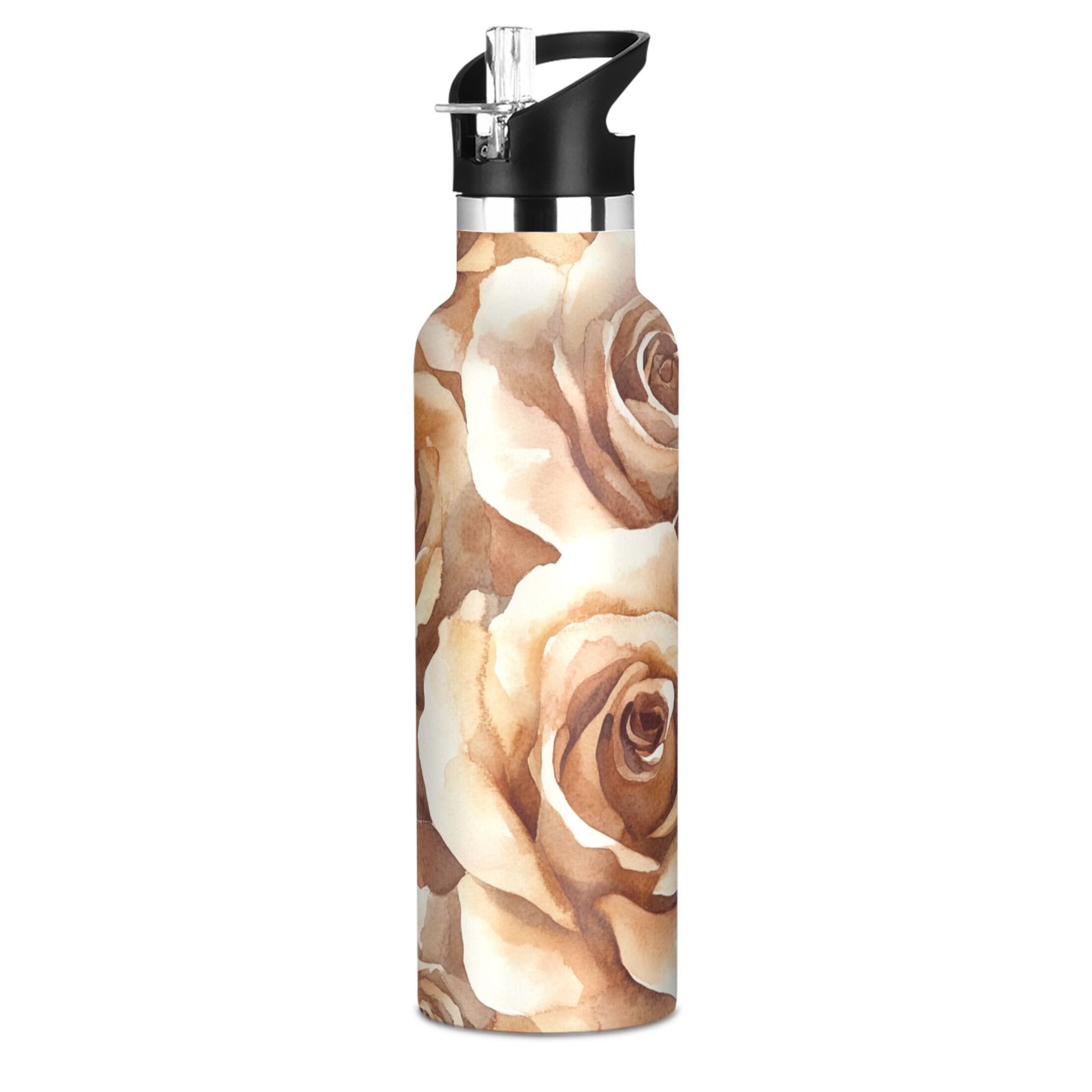 600ML Stainless Steel Insulated Cup Sports Water Bottle Portable Thermos Cup Water Glasses Insulated Tumblers Convenient and Durable Brown Roses