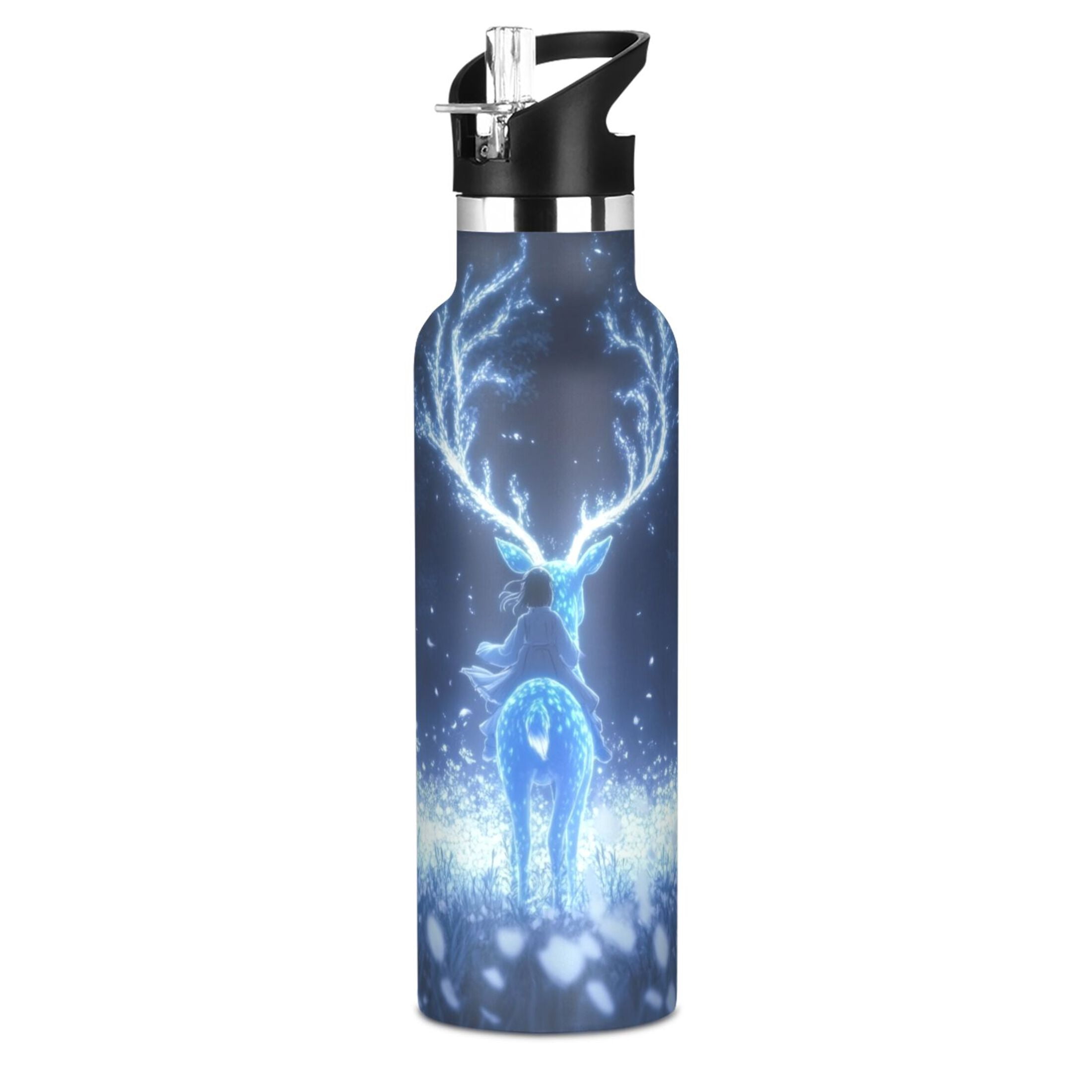 600ML Stainless Steel Insulated Cup Sports Water Bottle Portable Thermos Cup Water Glasses Insulated Tumblers Convenient and Durable Cartoon Blue Elk