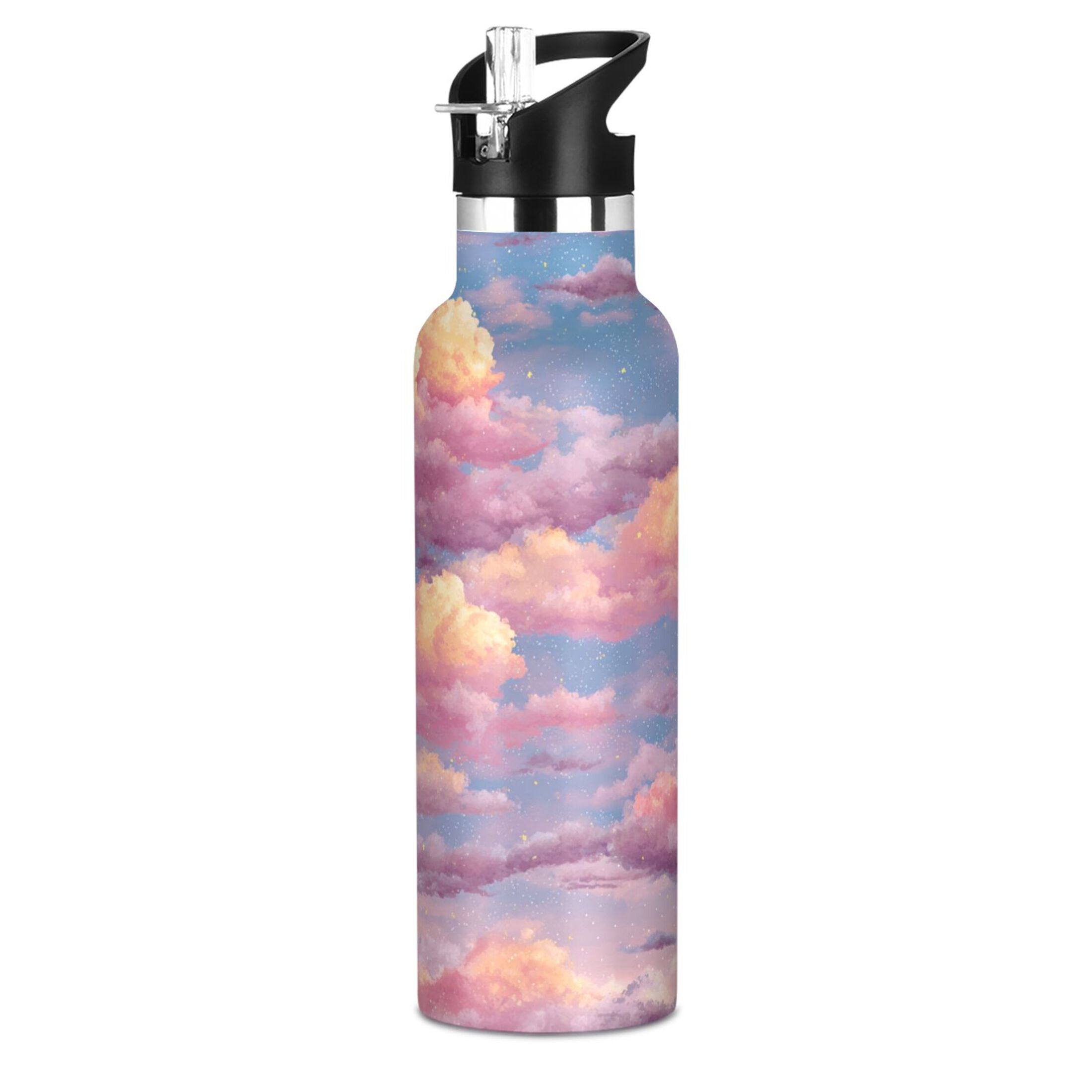600ML Stainless Steel Insulated Cup Sports Water Bottle Portable Thermos Cup Water Glasses Insulated Tumblers Convenient and Durable Cartoon Pink Sky