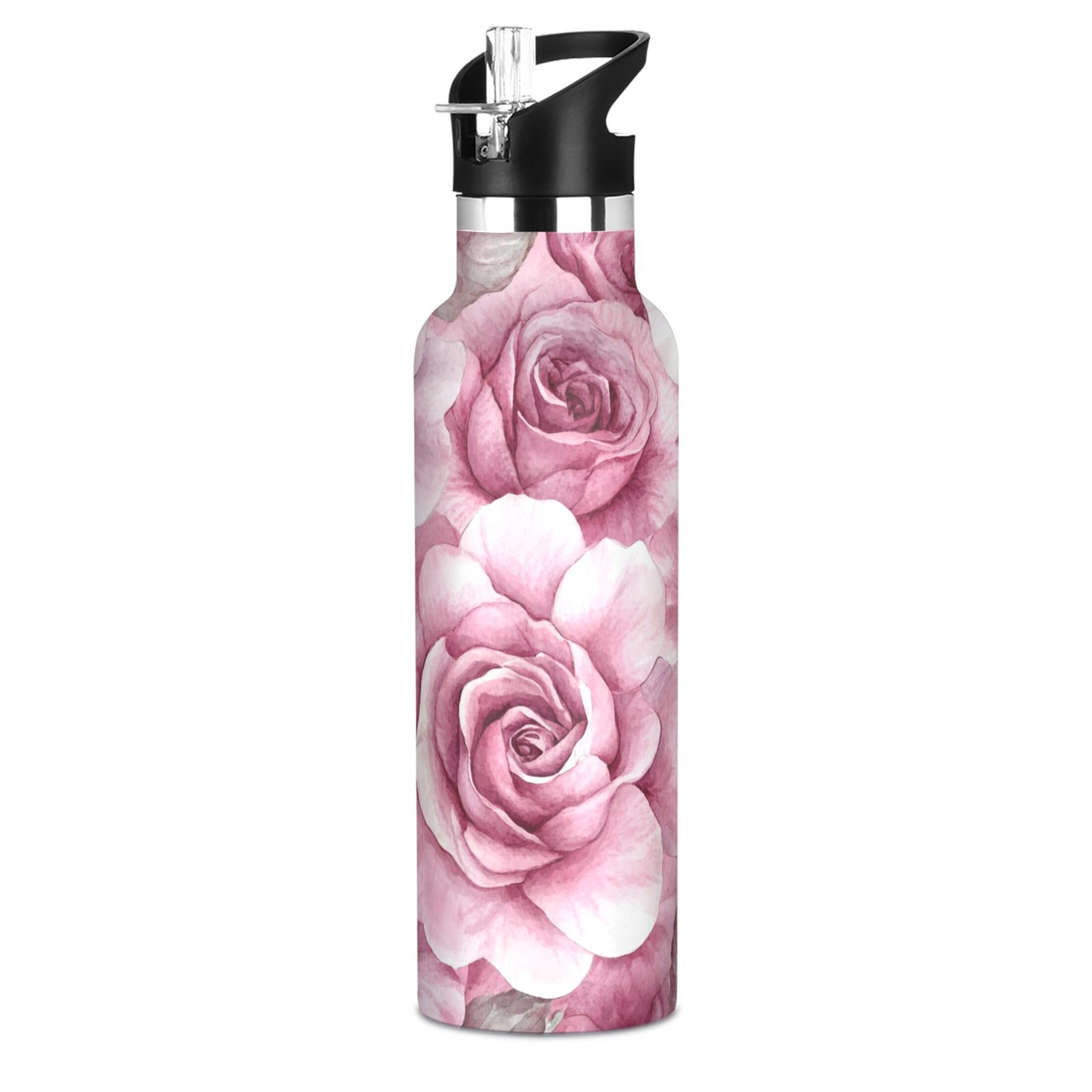 600ML Stainless Steel Insulated Cup Sports Water Bottle Portable Thermos Cup Water Glasses Insulated Tumblers Convenient and Durable Charming Roses