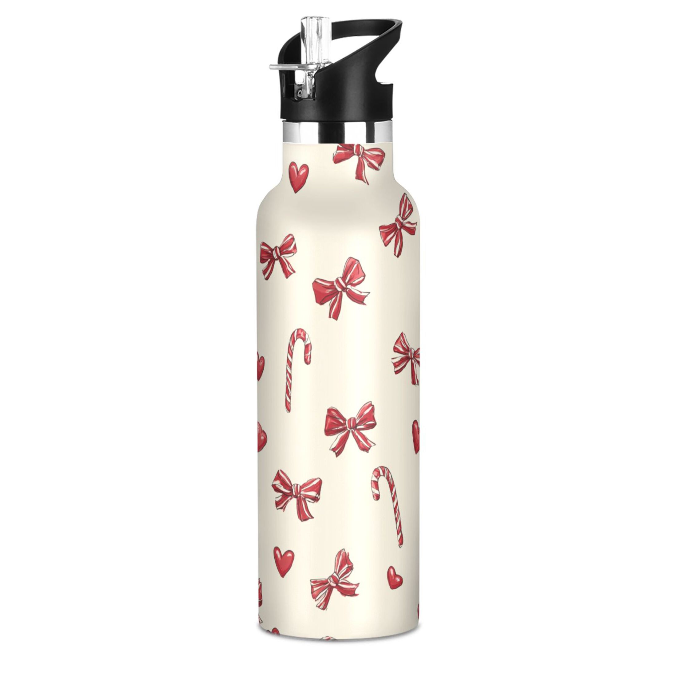 600ML Stainless Steel Insulated Cup Sports Water Bottle Portable Thermos Cup Water Glasses Insulated Tumblers Convenient and Durable Christmas Bow