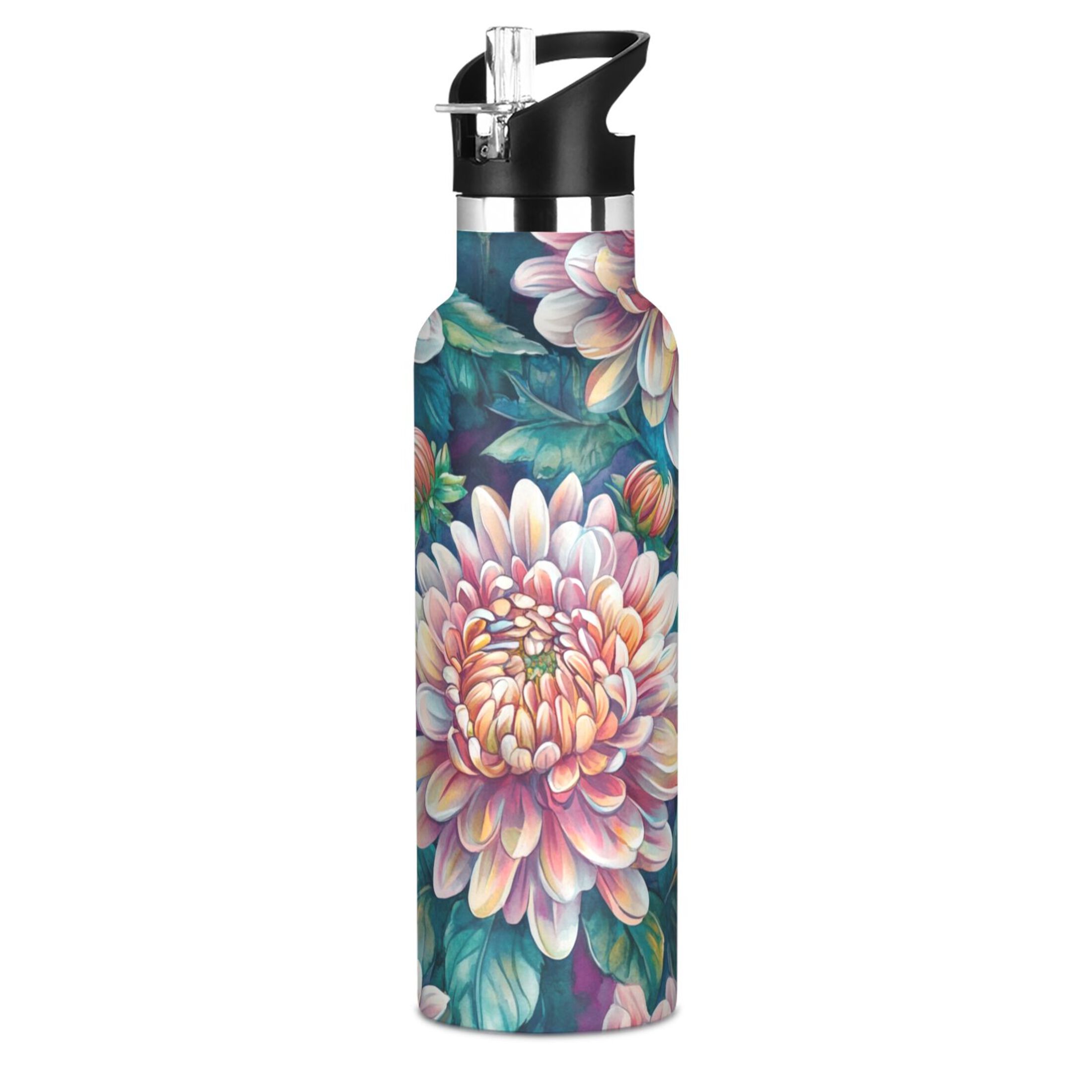 600ML Stainless Steel Insulated Cup Sports Water Bottle Portable Thermos Cup Water Glasses Insulated Tumblers Convenient and Durable Chrysanthemums
