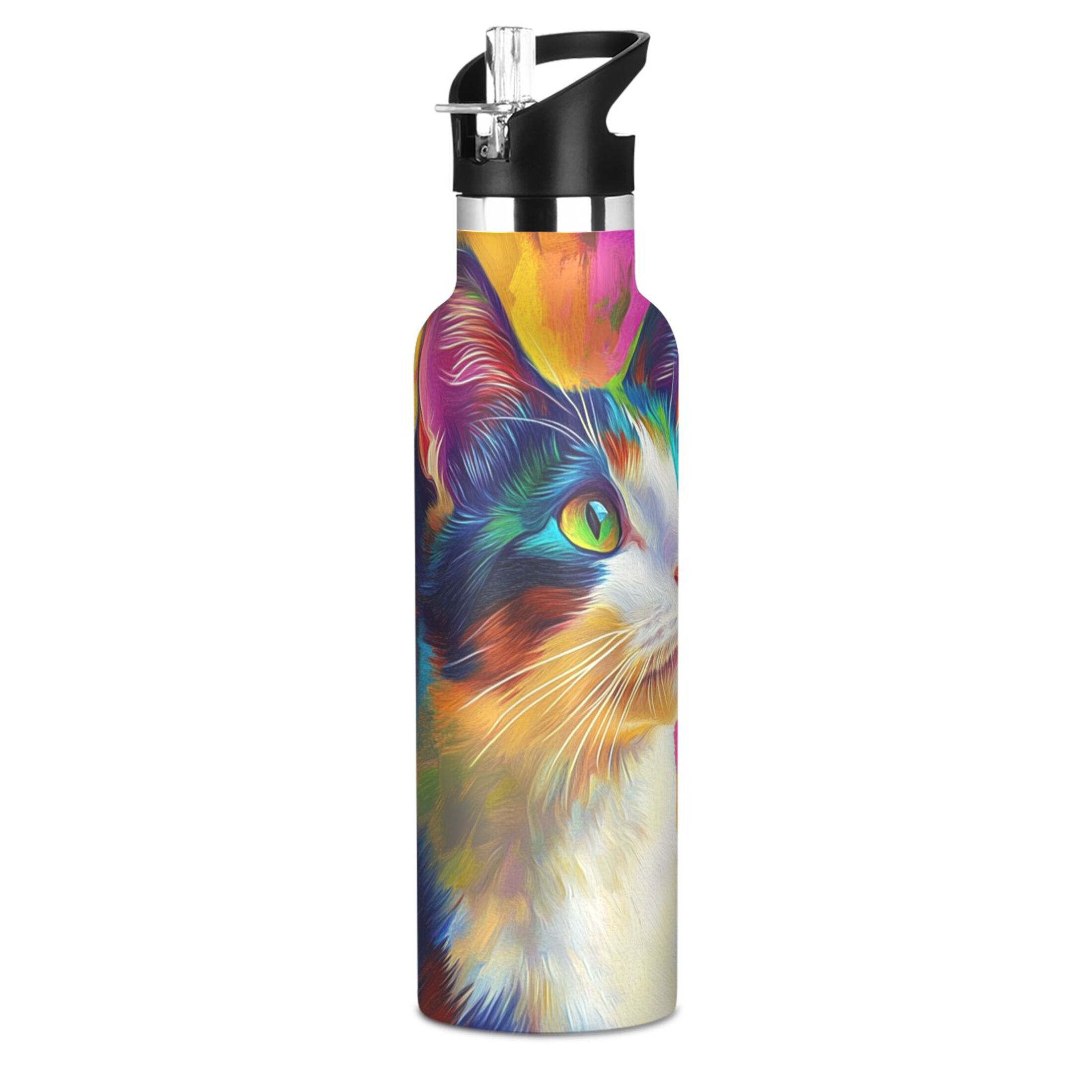 600ML Stainless Steel Insulated Cup Sports Water Bottle Portable Thermos Cup Water Glasses Insulated Tumblers Convenient and Durable Colorful Cat