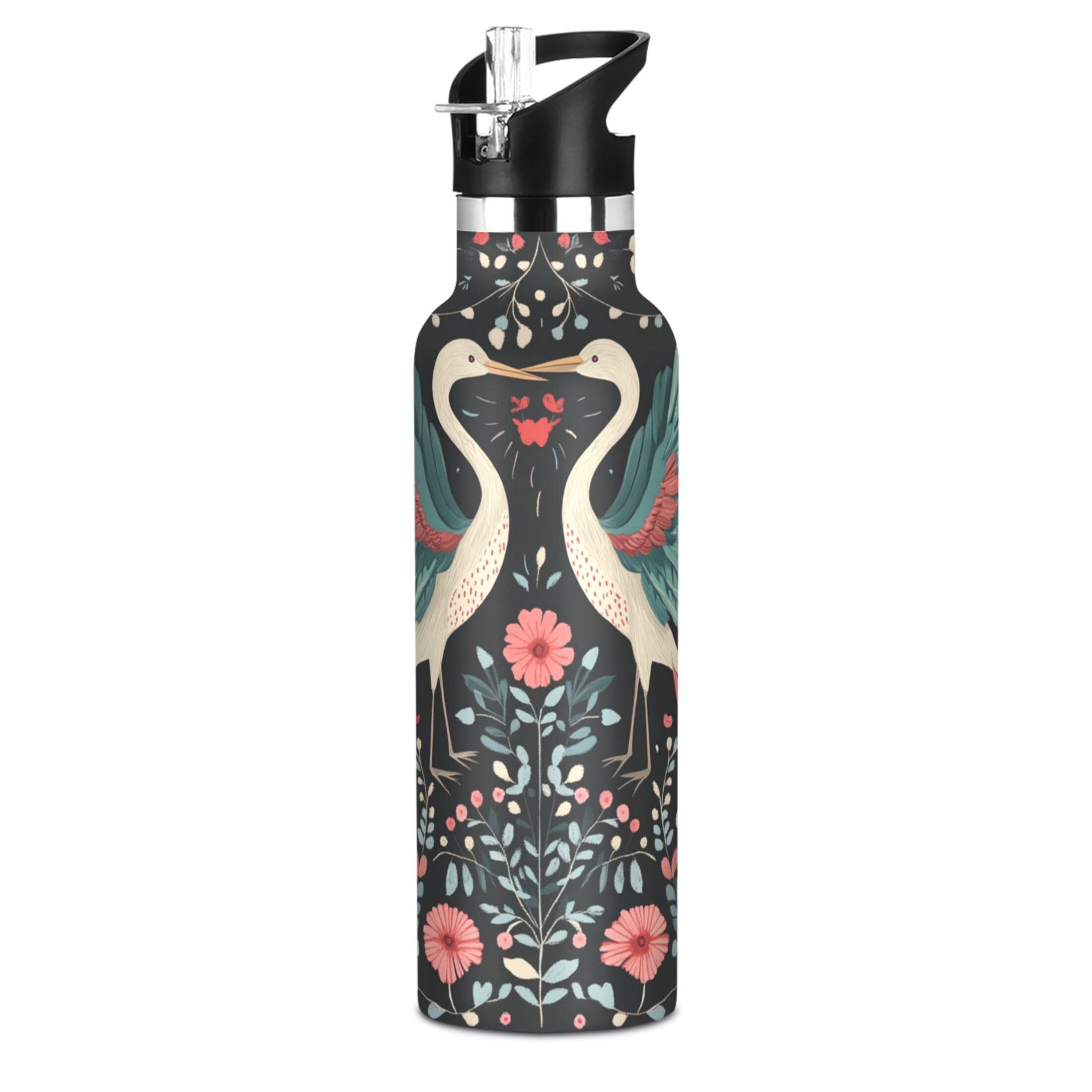 600ML Stainless Steel Insulated Cup Sports Water Bottle Portable Thermos Cup Water Glasses Insulated Tumblers Convenient and Durable Couple Cranes