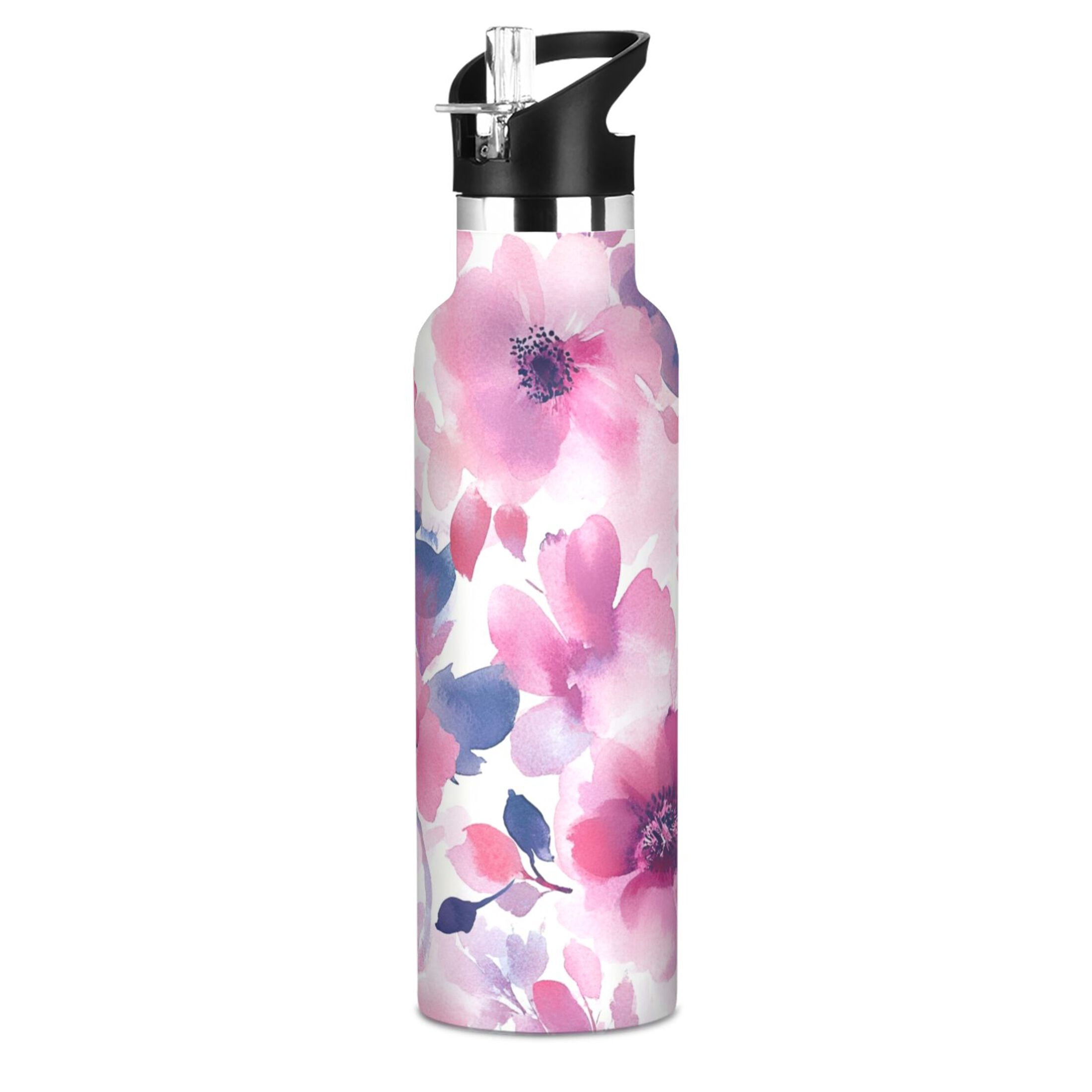 600ML Stainless Steel Insulated Cup Sports Water Bottle Portable Thermos Cup Water Glasses Insulated Tumblers Convenient and Durable Cream Flower