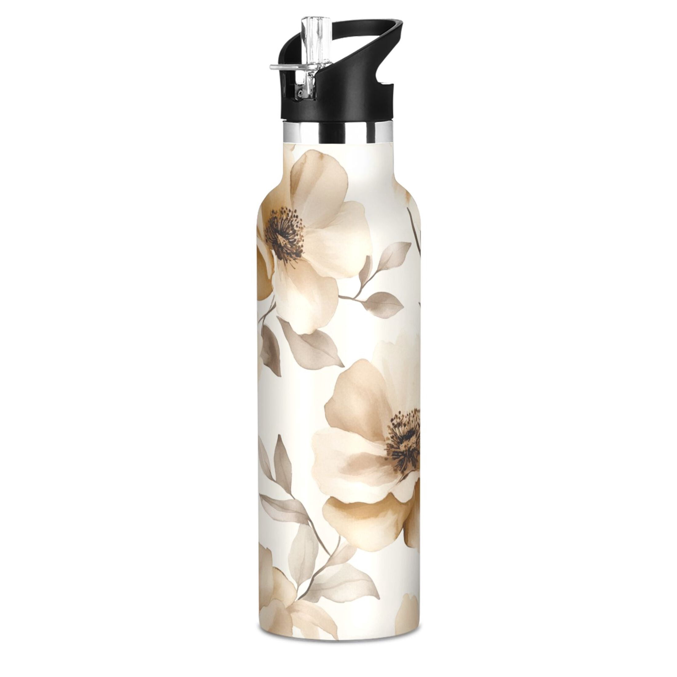600ML Stainless Steel Insulated Cup Sports Water Bottle Portable Thermos Cup Water Glasses Insulated Tumblers Convenient and Durable Cream Flowers
