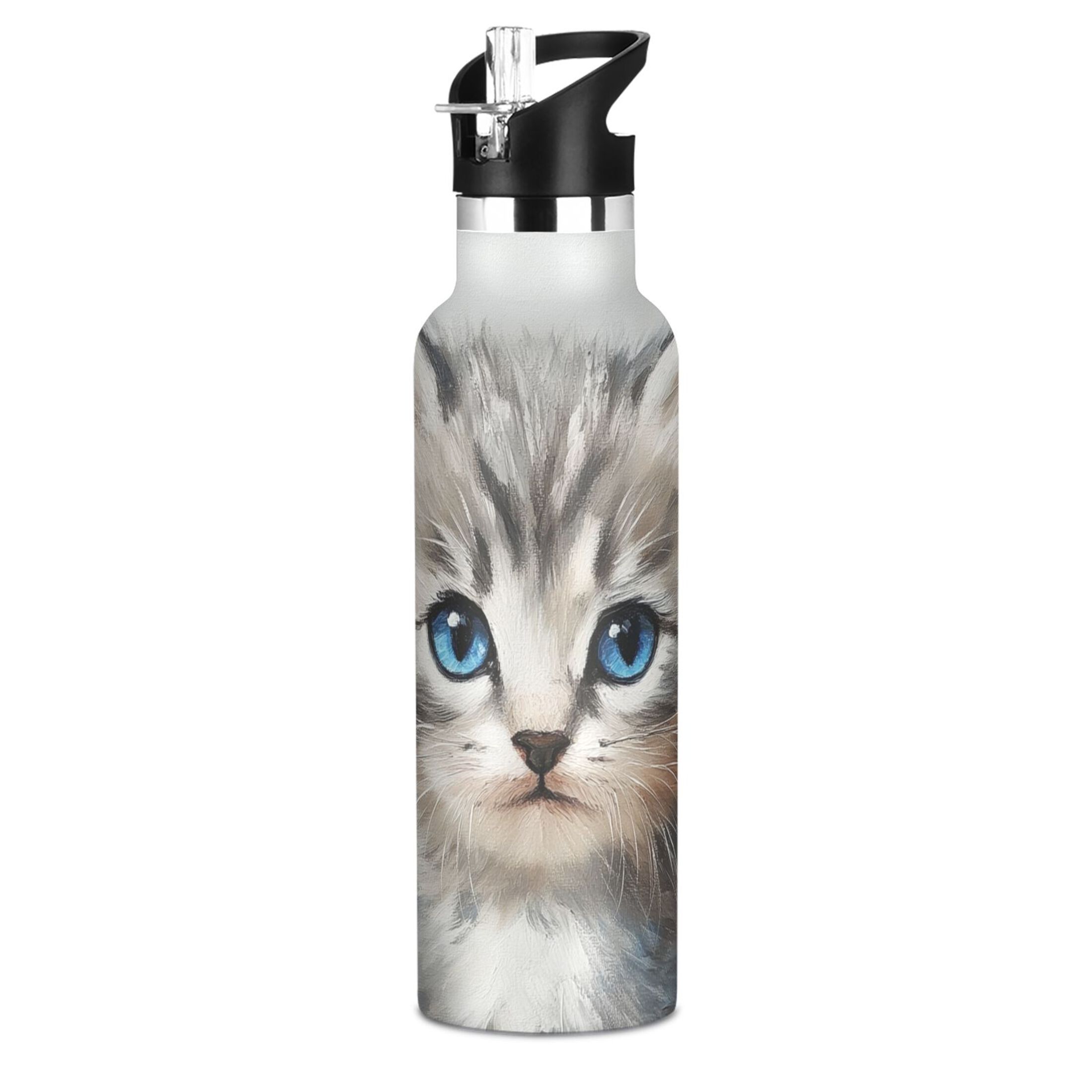 600ML Stainless Steel Insulated Cup Sports Water Bottle Portable Thermos Cup Water Glasses Insulated Tumblers Convenient and Durable Cute Gray Cat