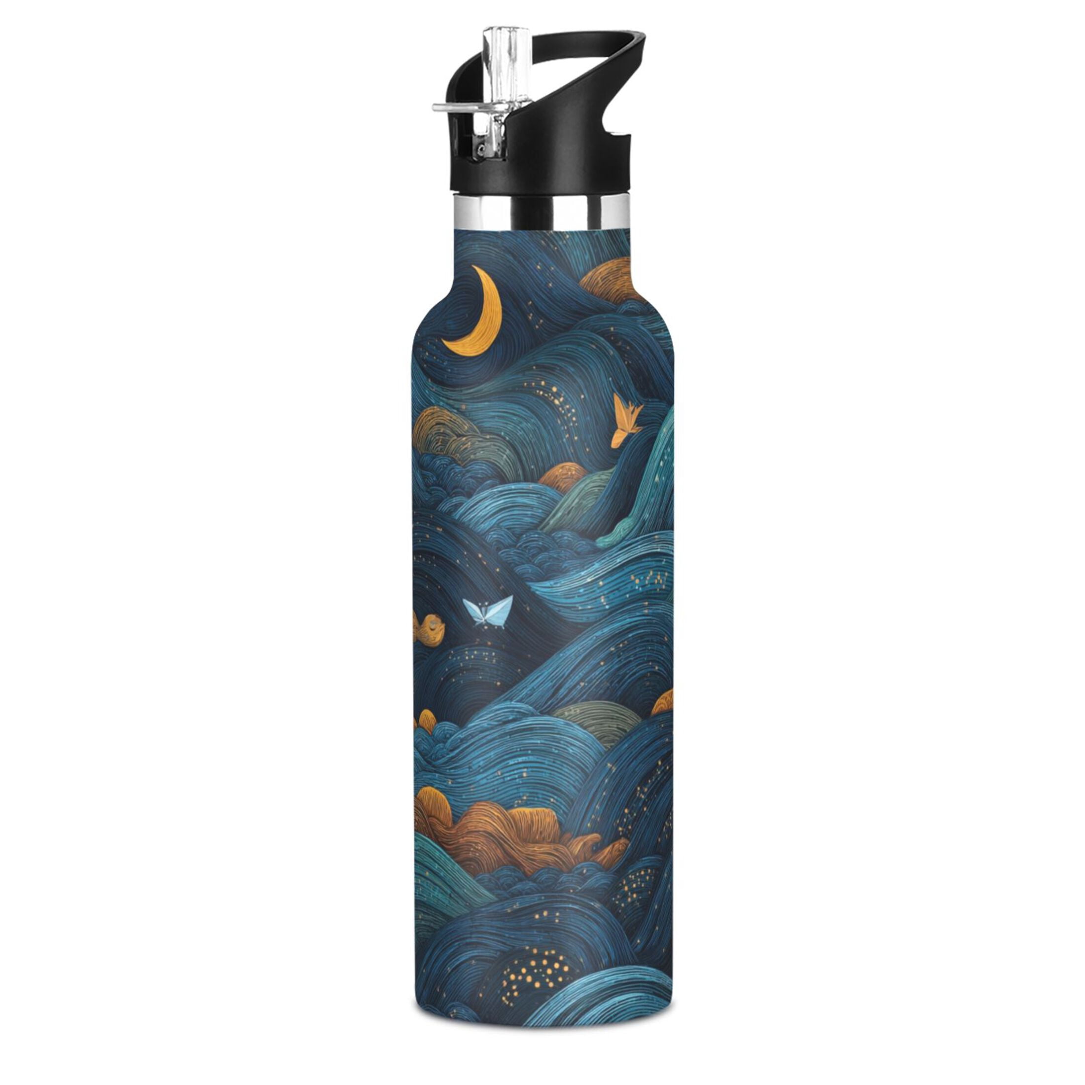 600ML Stainless Steel Insulated Cup Sports Water Bottle Portable Thermos Cup Water Glasses Insulated Tumblers Convenient and Durable Dark Blue Clouds