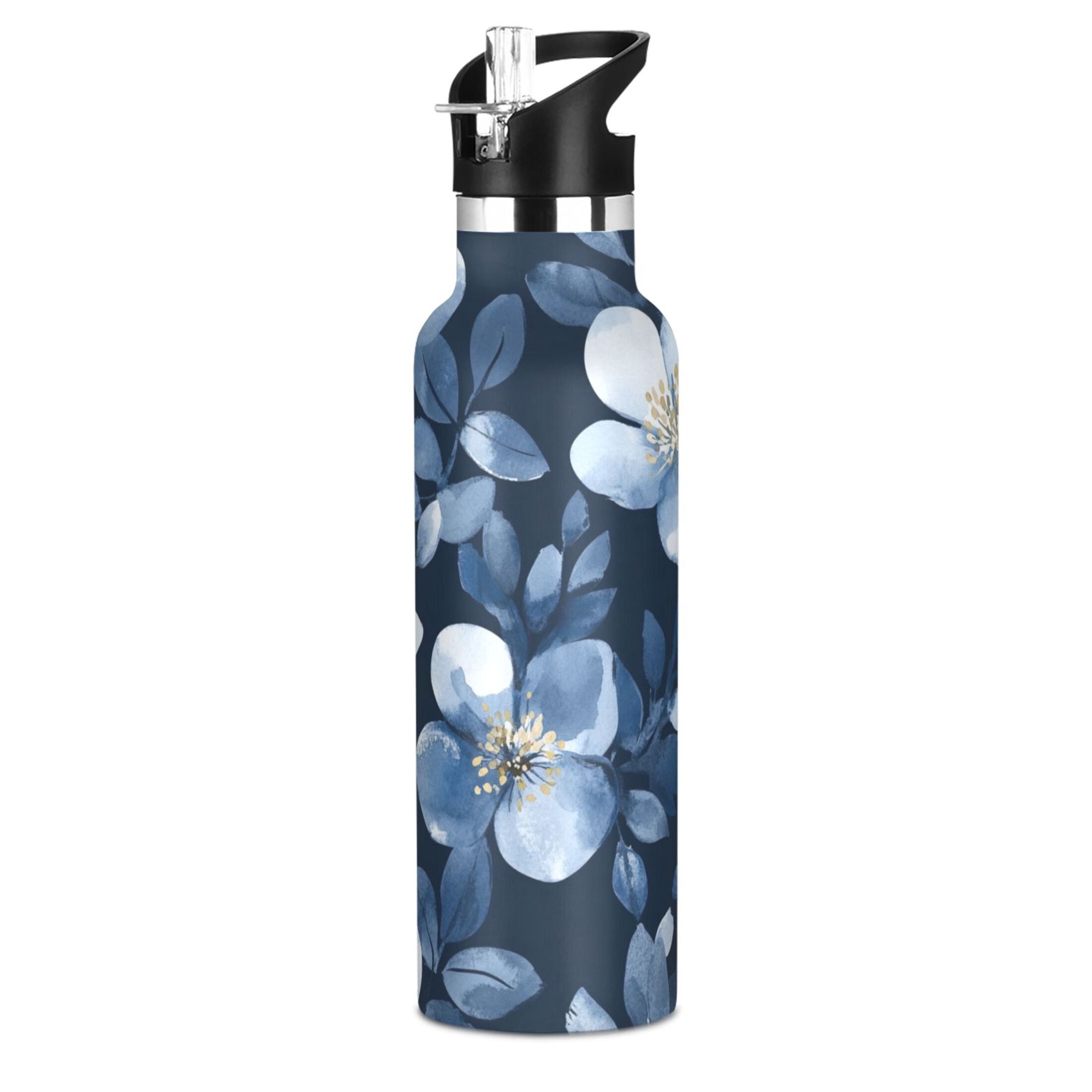 600ML Stainless Steel Insulated Cup Sports Water Bottle Portable Thermos Cup Water Glasses Insulated Tumblers Convenient and Durable Dark Blue Flower