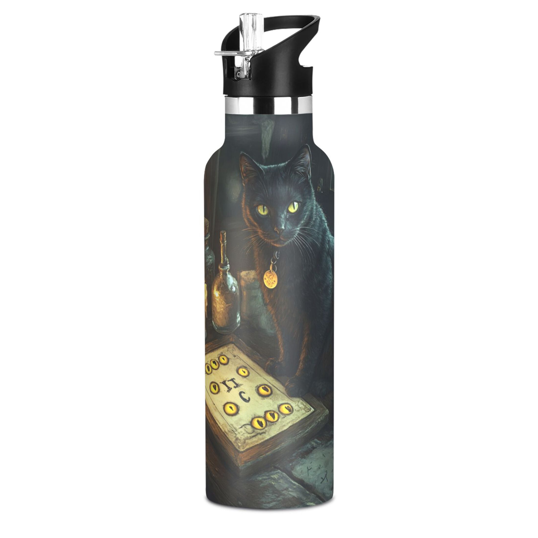 600ML Stainless Steel Insulated Cup Sports Water Bottle Portable Thermos Cup Water Glasses Insulated Tumblers Convenient and Durable Dark Cat