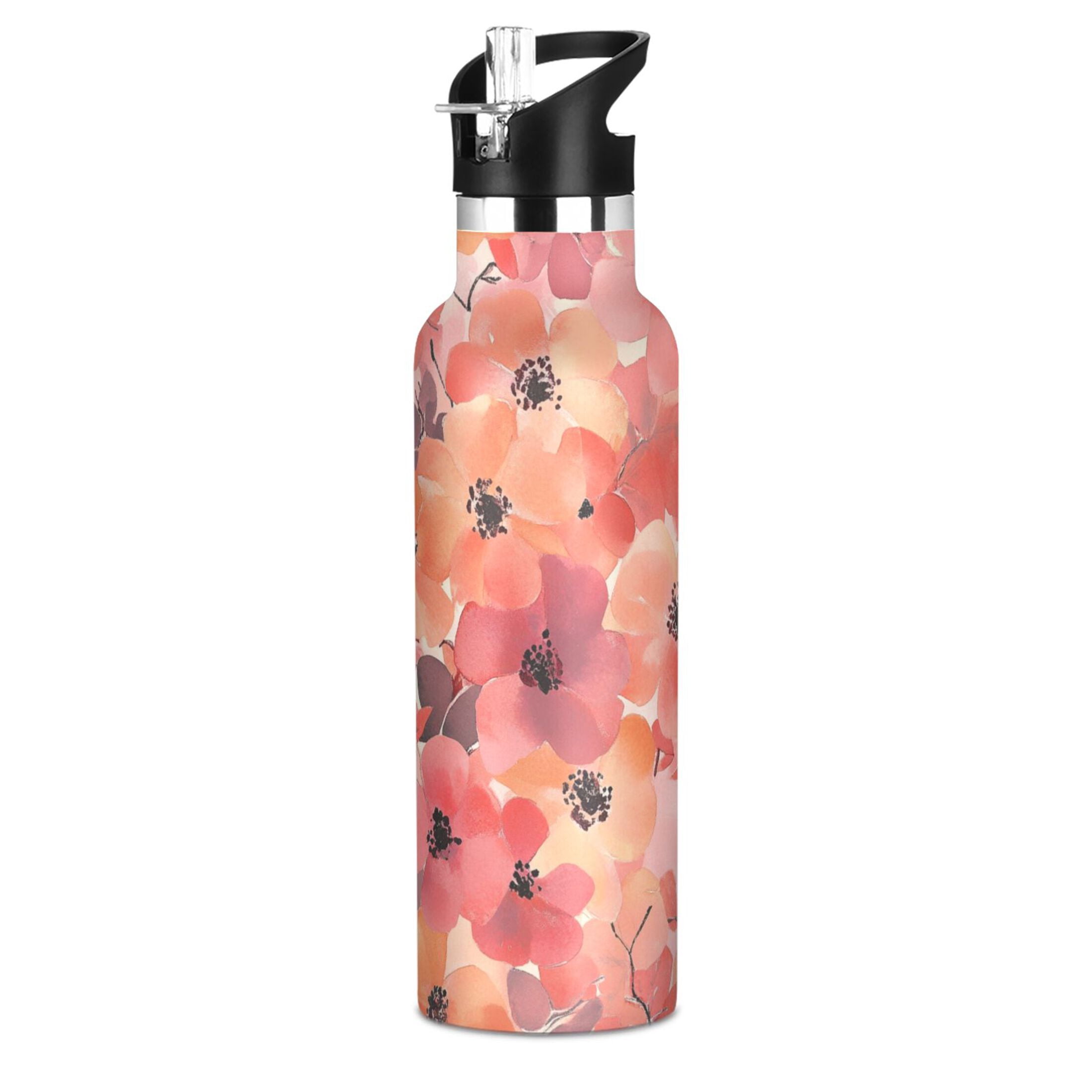 600ML Stainless Steel Insulated Cup Sports Water Bottle Portable Thermos Cup Water Glasses Insulated Tumblers Convenient and Durable Dark Red Flowers