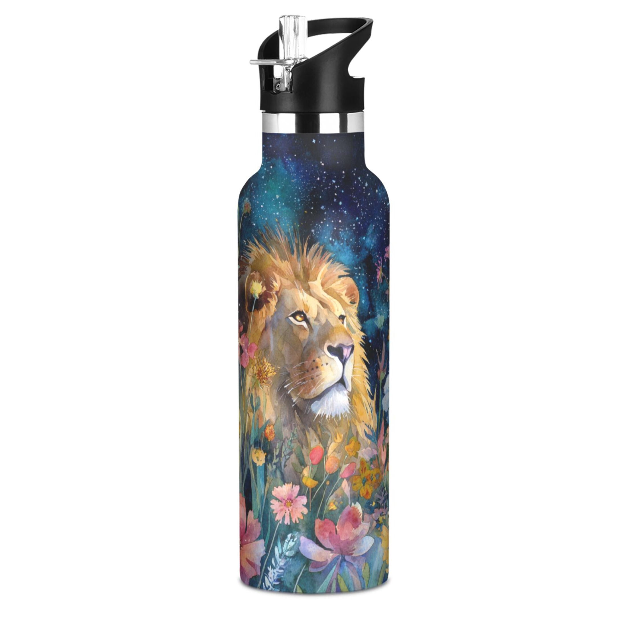 600ML Stainless Steel Insulated Cup Sports Water Bottle Portable Thermos Cup Water Glasses Insulated Tumblers Convenient and Durable Flower Lion