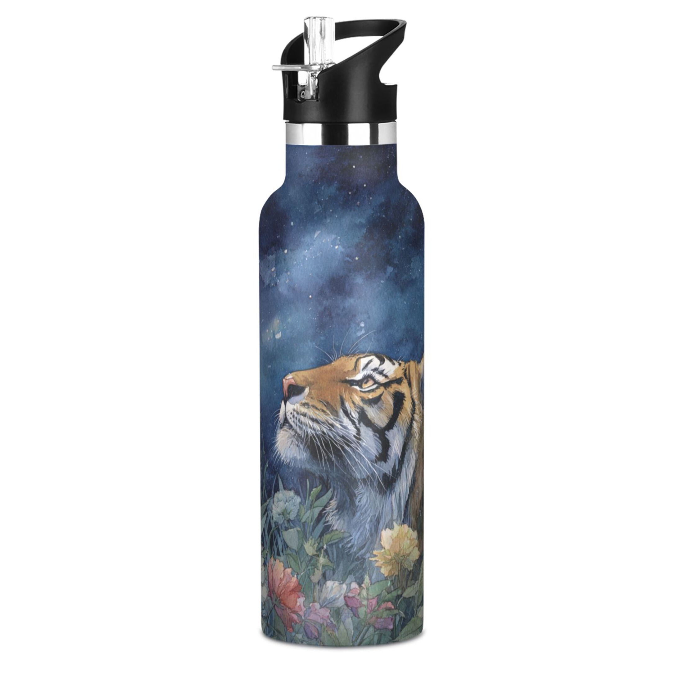 600ML Stainless Steel Insulated Cup Sports Water Bottle Portable Thermos Cup Water Glasses Insulated Tumblers Convenient and Durable Flower Tiger