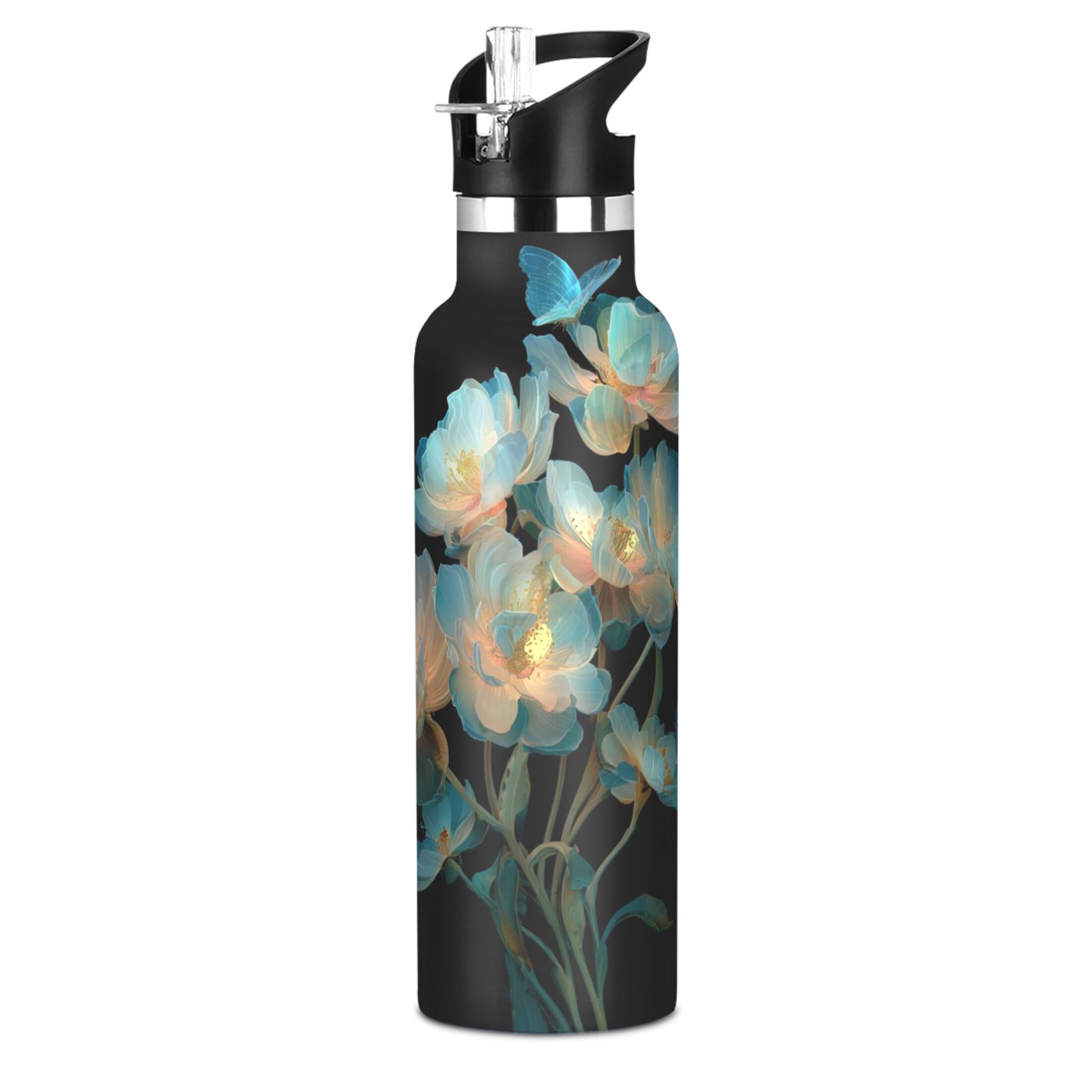 600ML Stainless Steel Insulated Cup Sports Water Bottle Portable Thermos Cup Water Glasses Insulated Tumblers Convenient and Durable Flowers