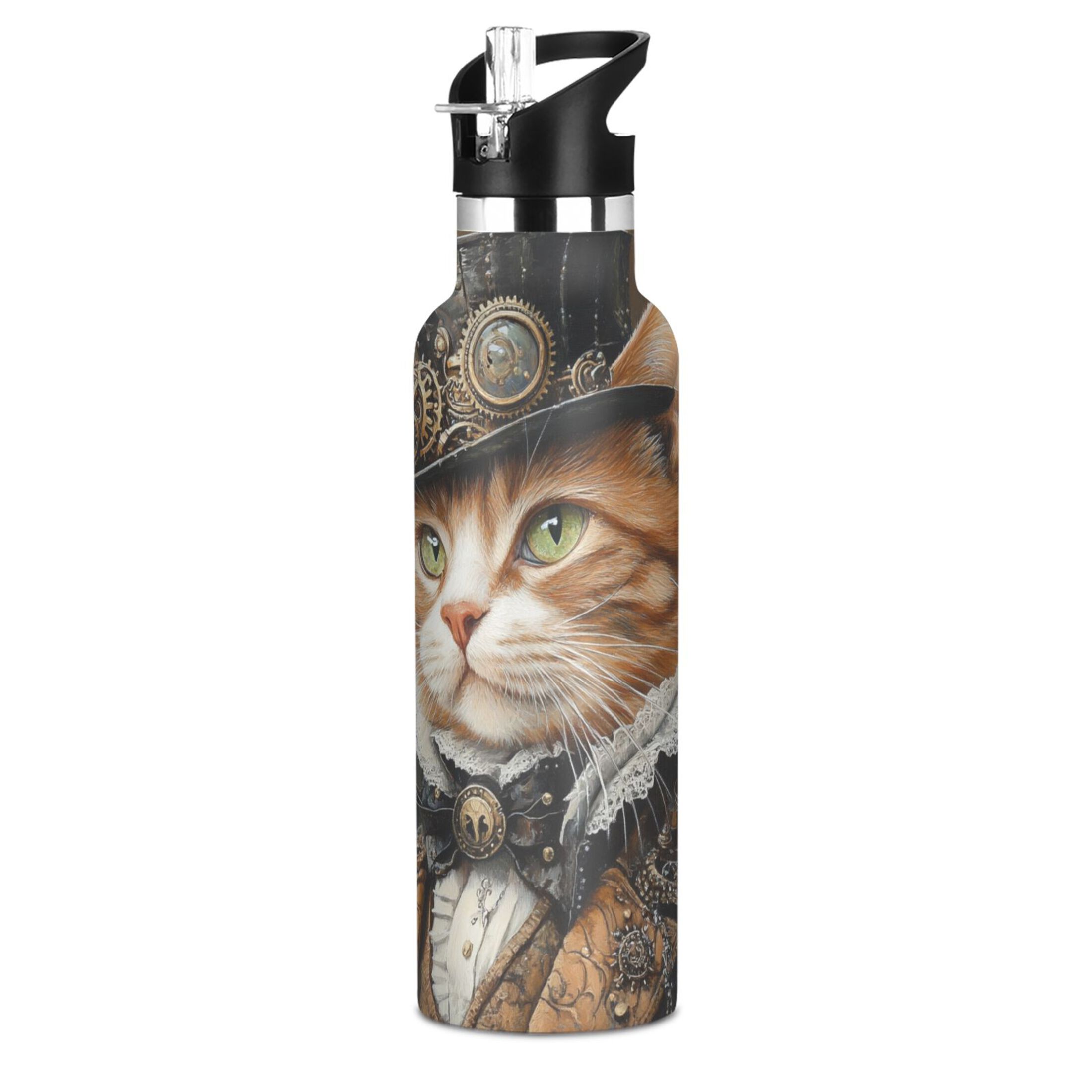 600ML Stainless Steel Insulated Cup Sports Water Bottle Portable Thermos Cup Water Glasses Insulated Tumblers Convenient and Durable Gentleman Cat