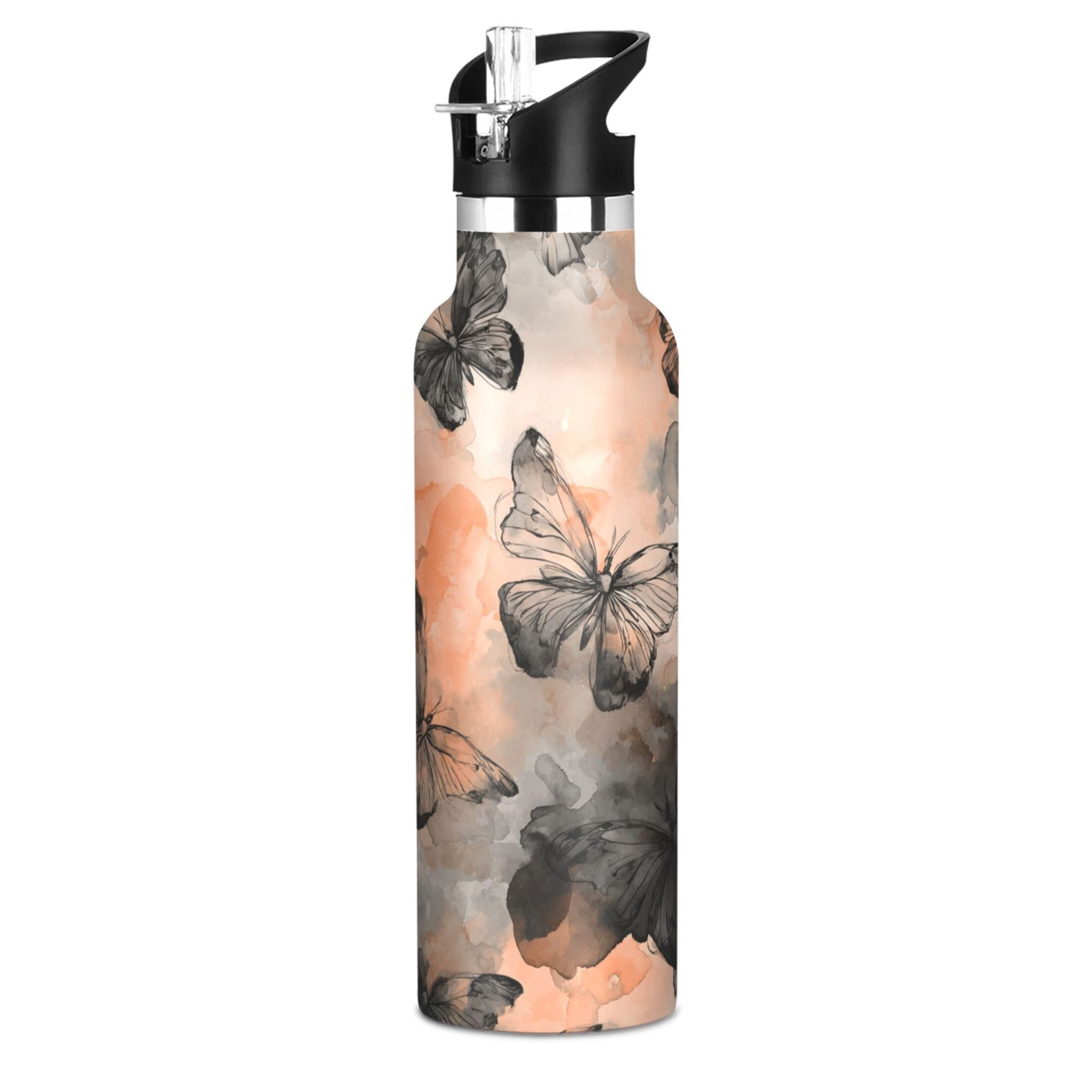 600ML Stainless Steel Insulated Cup Sports Water Bottle Portable Thermos Cup Water Glasses Insulated Tumblers Convenient and Durable Gray Butterfly