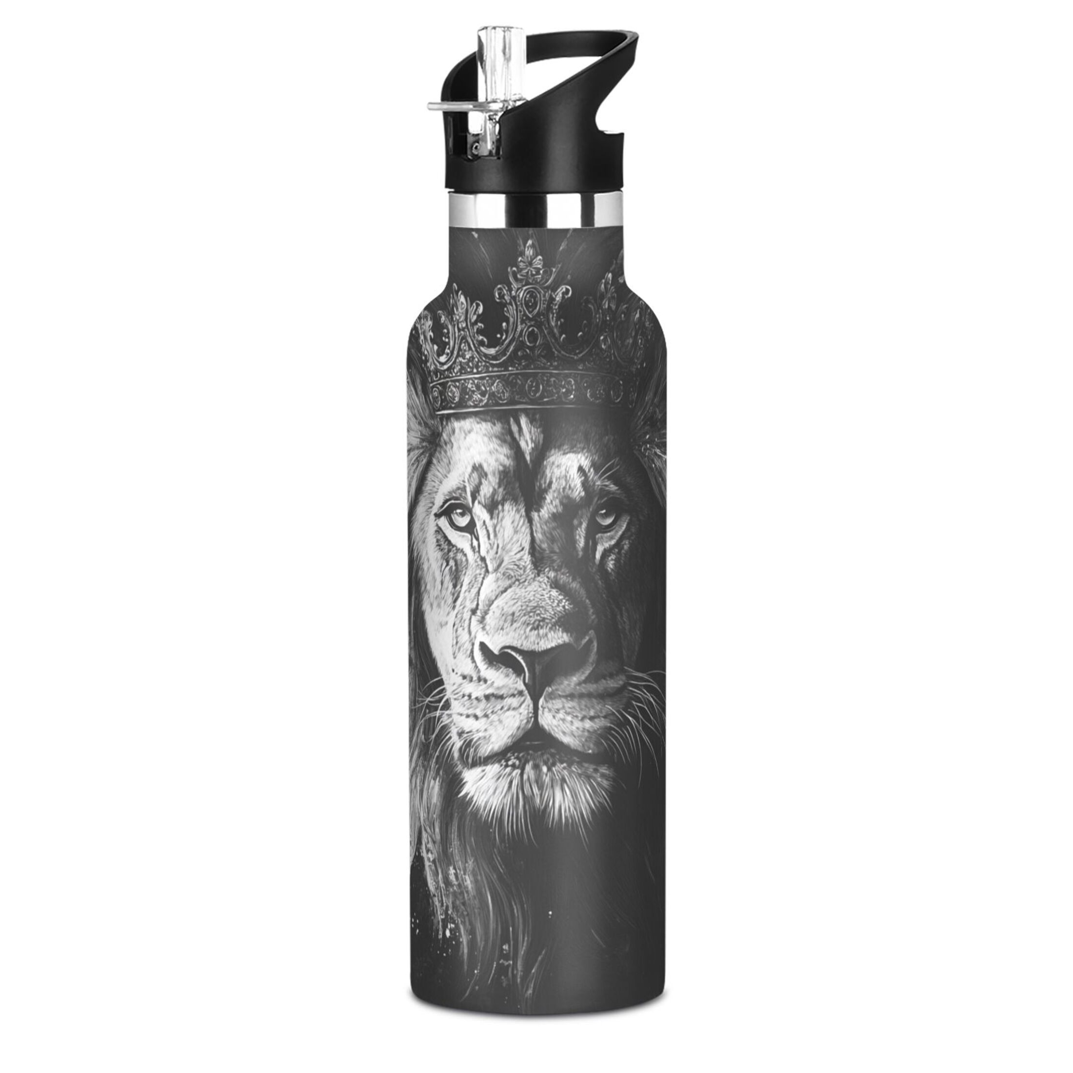 600ML Stainless Steel Insulated Cup Sports Water Bottle Portable Thermos Cup Water Glasses Insulated Tumblers Convenient and Durable Gray Crown Lion