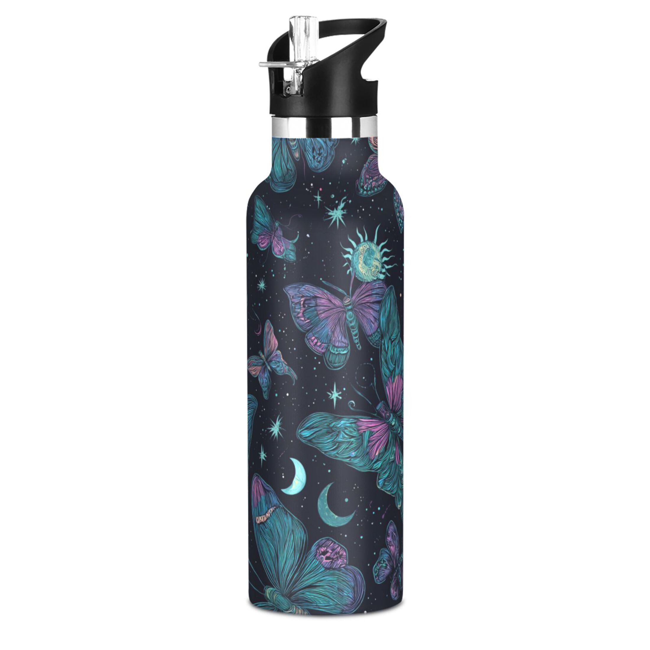 600ML Stainless Steel Insulated Cup Sports Water Bottle Portable Thermos Cup Water Glasses Insulated Tumblers Convenient and Durable Green Butterfly
