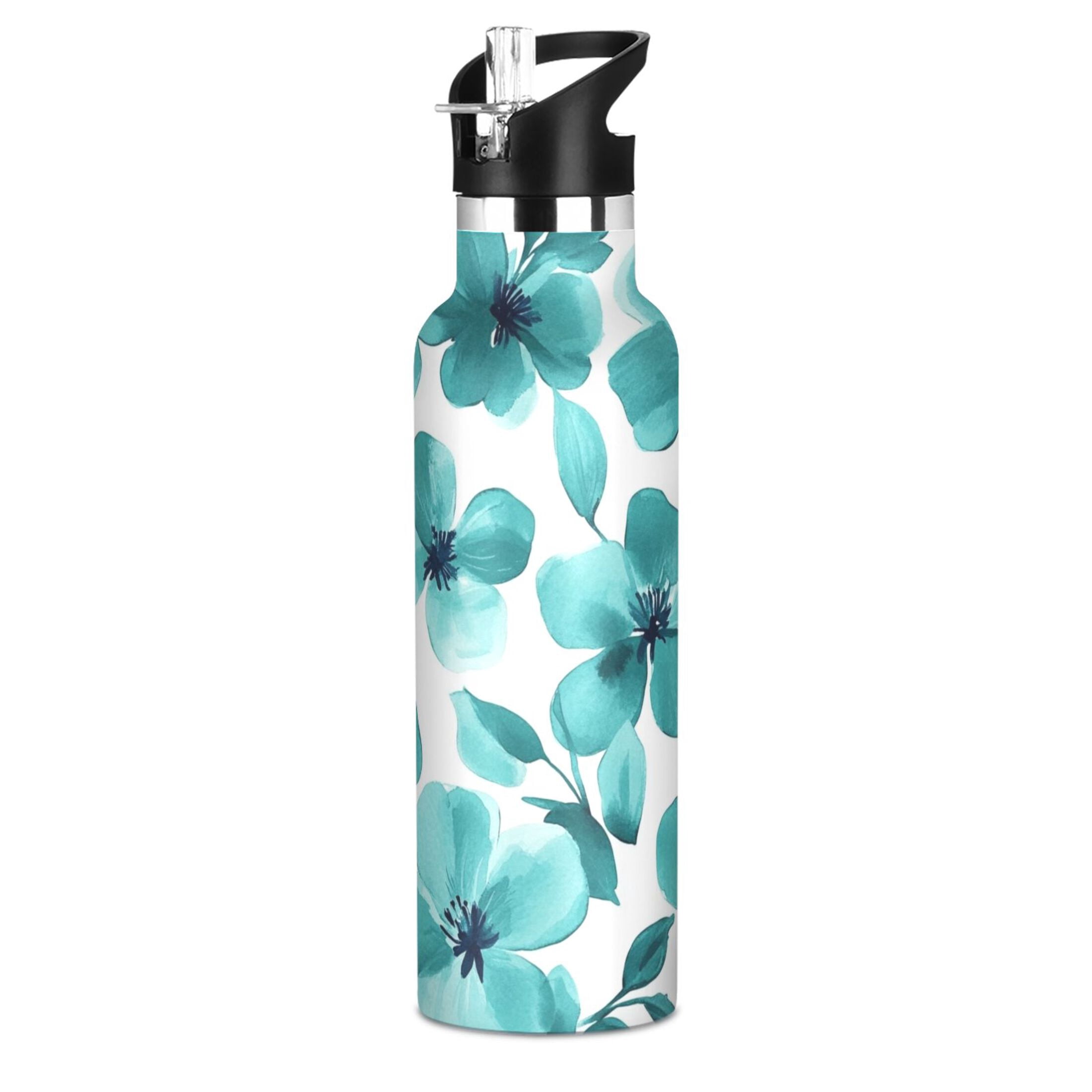 600ML Stainless Steel Insulated Cup Sports Water Bottle Portable Thermos Cup Water Glasses Insulated Tumblers Convenient and Durable Green Flowers
